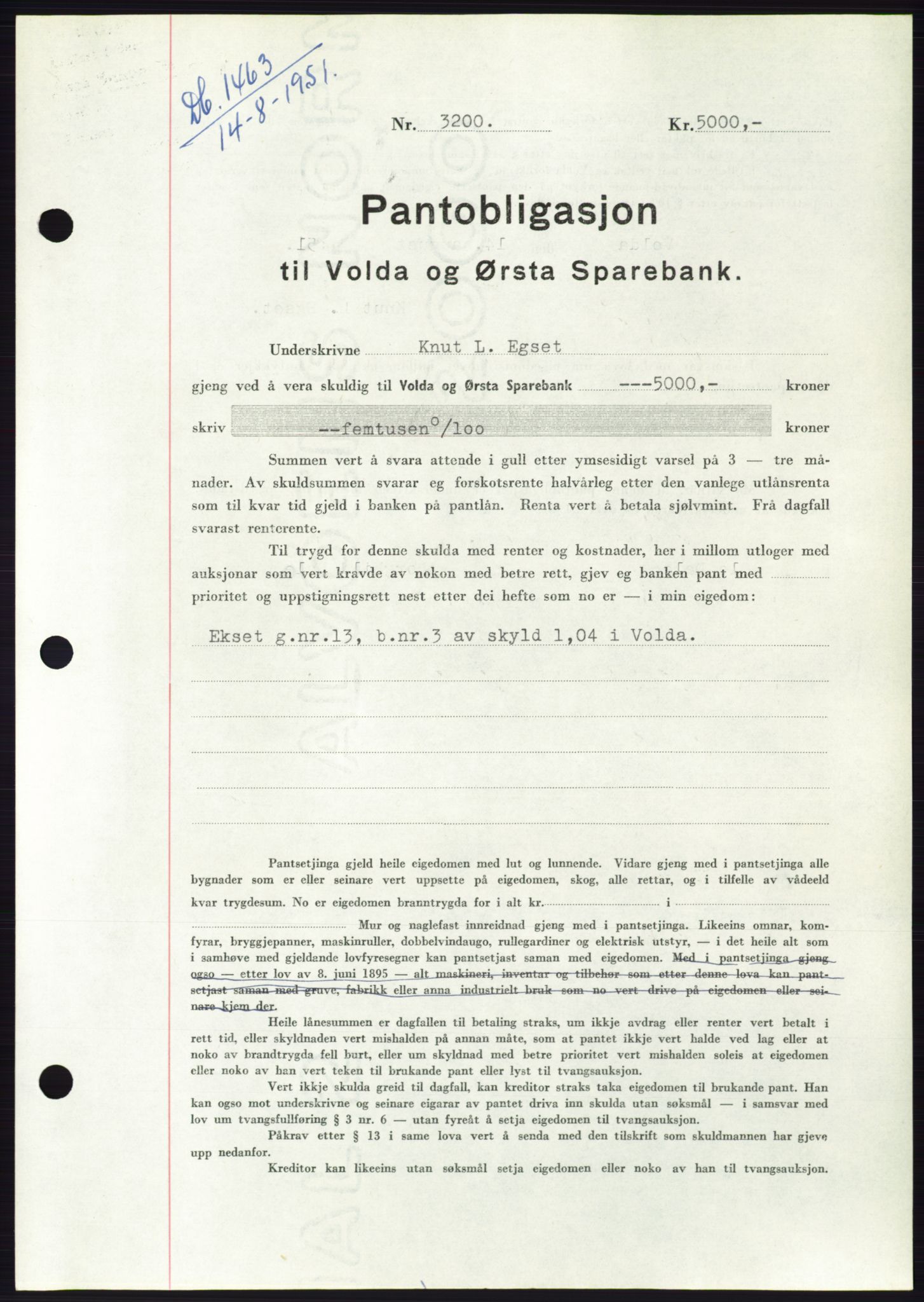 Søre Sunnmøre sorenskriveri, SAT/A-4122/1/2/2C/L0120: Pantebok nr. 8B, 1951-1951, Dagboknr: 1463/1951