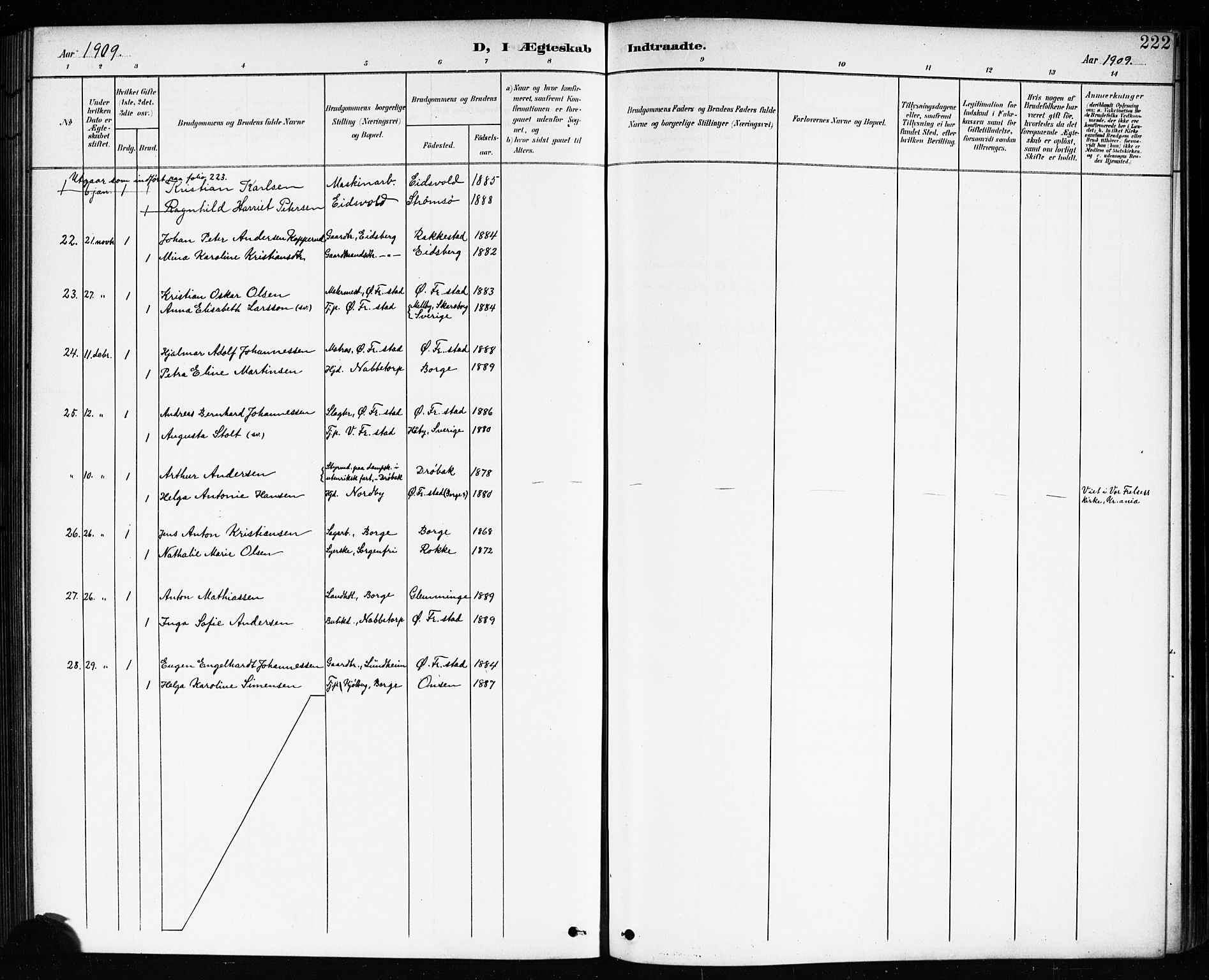 Østre Fredrikstad prestekontor Kirkebøker, SAO/A-10907/G/Ga/L0002: Klokkerbok nr. 2, 1900-1919, s. 222