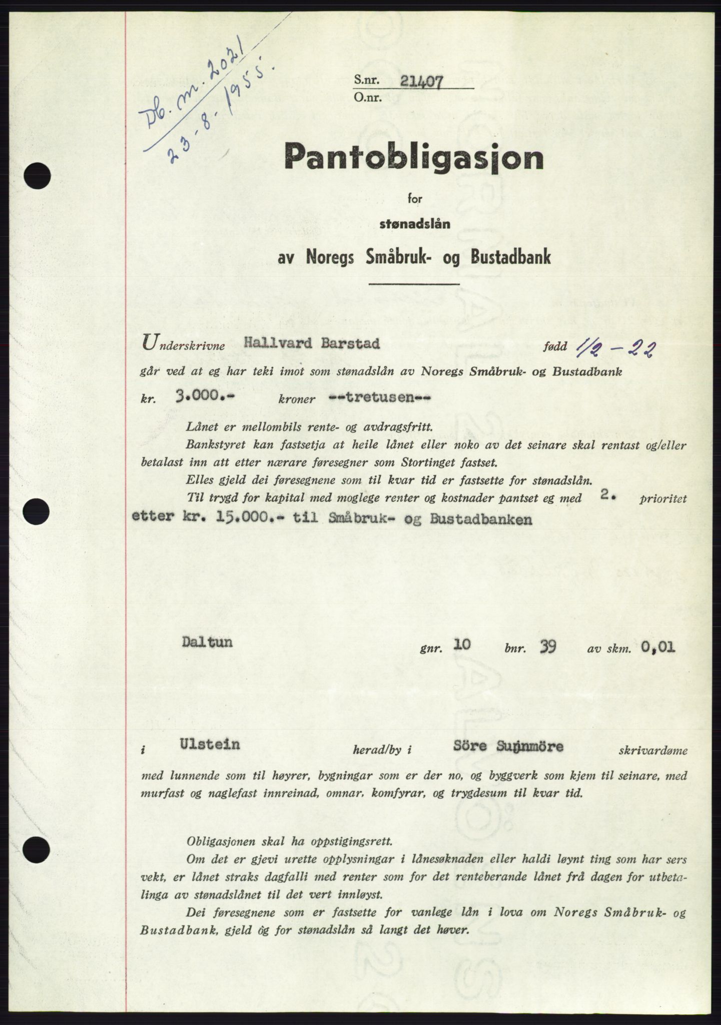 Søre Sunnmøre sorenskriveri, SAT/A-4122/1/2/2C/L0127: Pantebok nr. 15B, 1955-1955, Dagboknr: 2021/1955