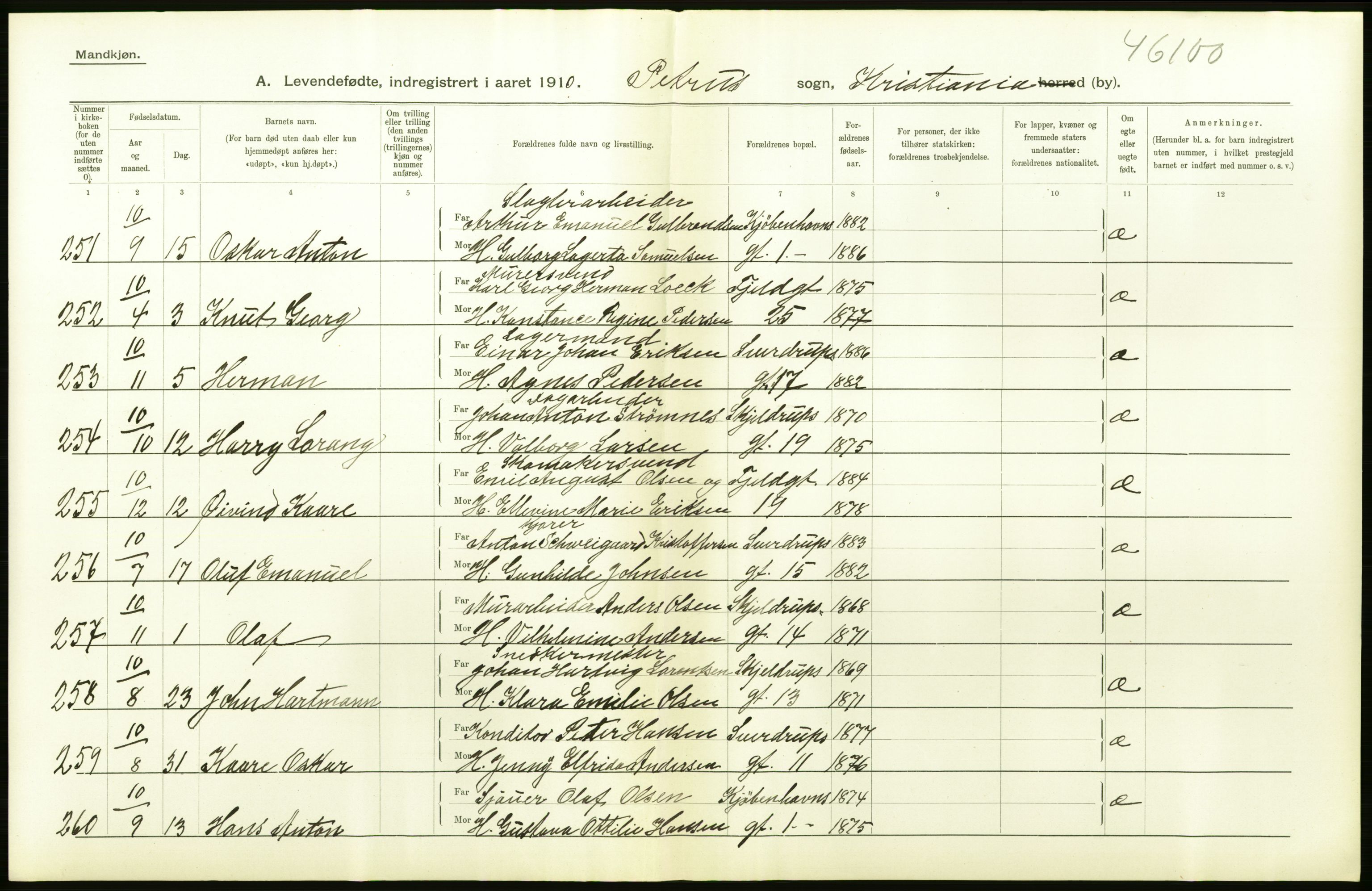 Statistisk sentralbyrå, Sosiodemografiske emner, Befolkning, RA/S-2228/D/Df/Dfa/Dfah/L0006: Kristiania: Levendefødte menn., 1910, s. 368