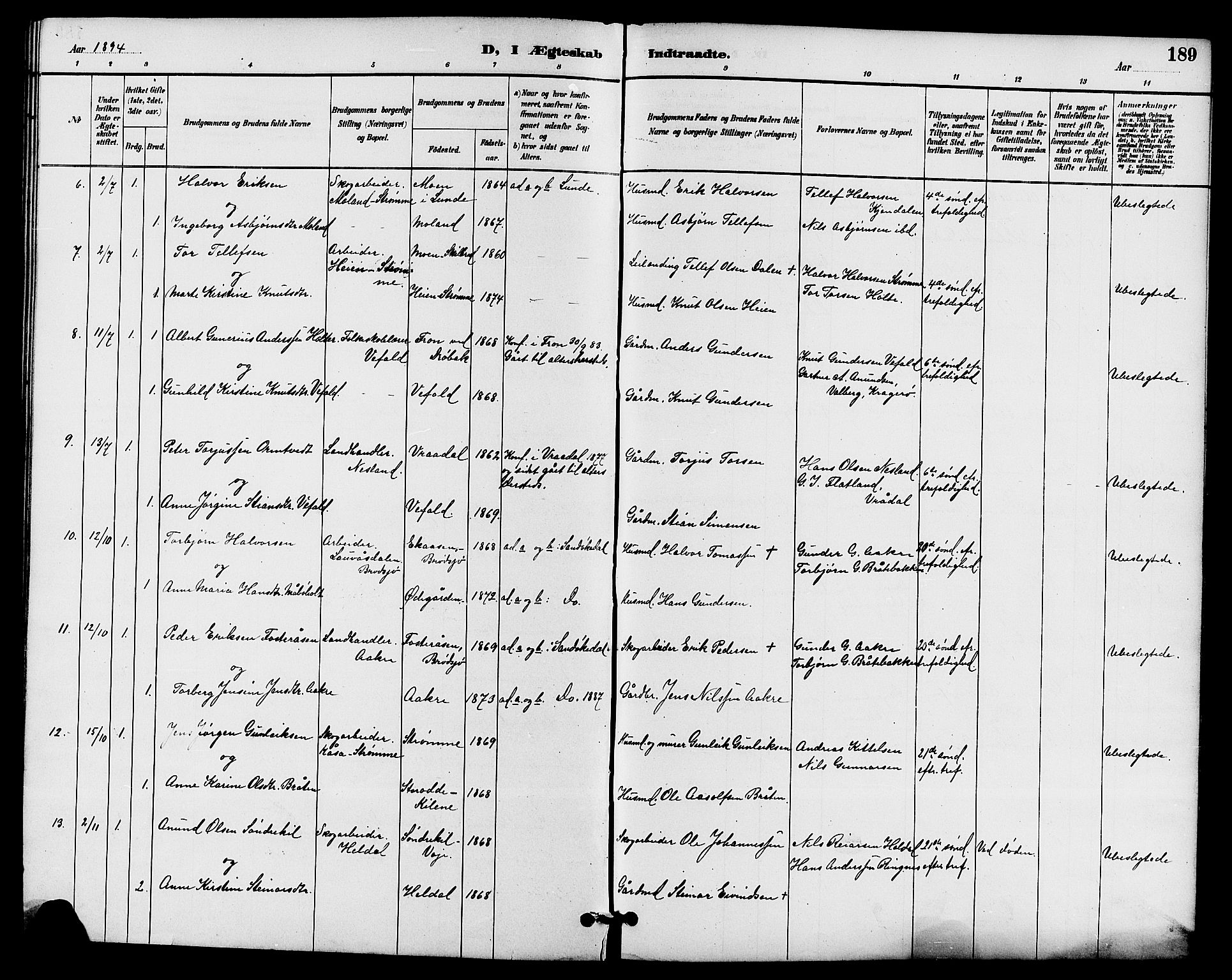 Drangedal kirkebøker, AV/SAKO-A-258/G/Ga/L0003: Klokkerbok nr. I 3, 1887-1906, s. 189