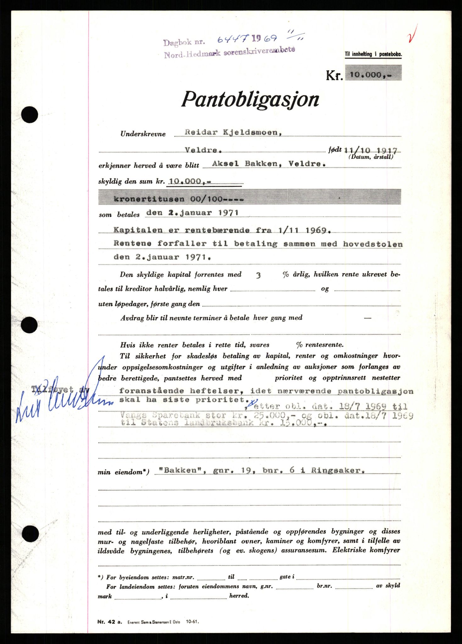 Nord-Hedmark sorenskriveri, SAH/TING-012/H/Hb/Hbf/L0082: Pantebok nr. B82, 1969-1969, Dagboknr: 6447/1969