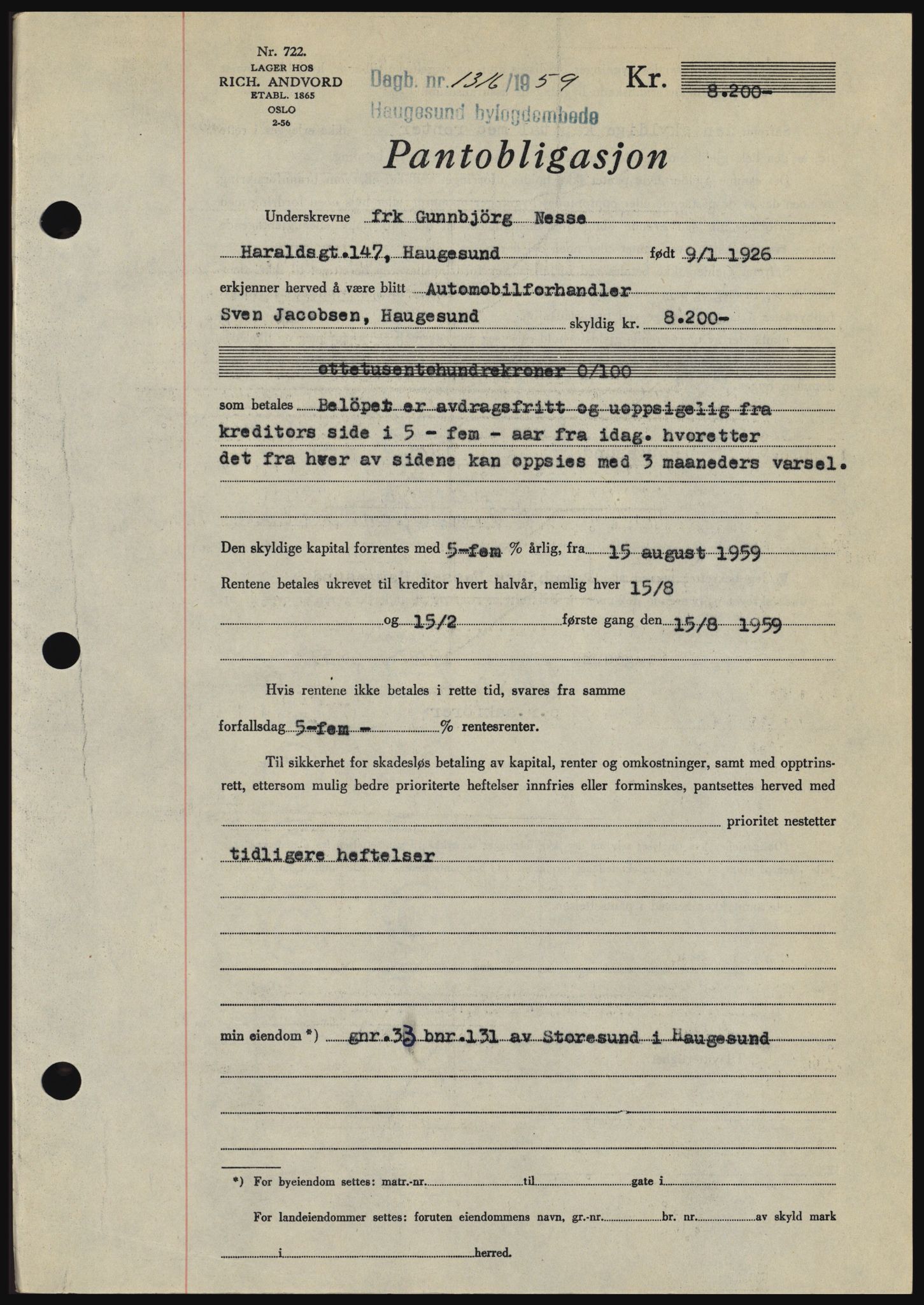 Haugesund tingrett, SAST/A-101415/01/II/IIC/L0045: Pantebok nr. B 45, 1959-1959, Dagboknr: 1316/1959