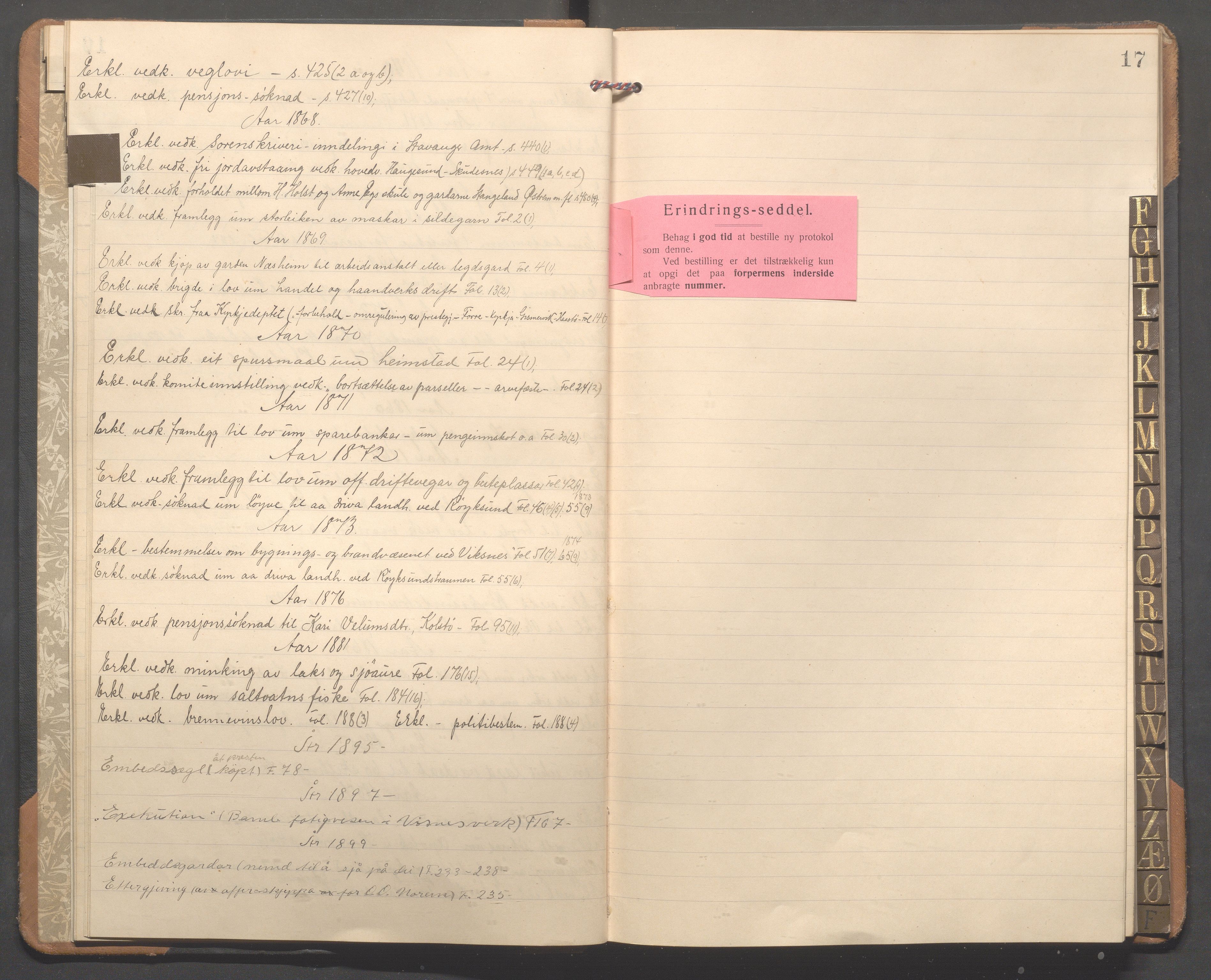 Avaldsnes kommune - Formannskapet, IKAR/K-101651/C/Cb/L0001: Register til møtebok, 1838-1901, s. 17