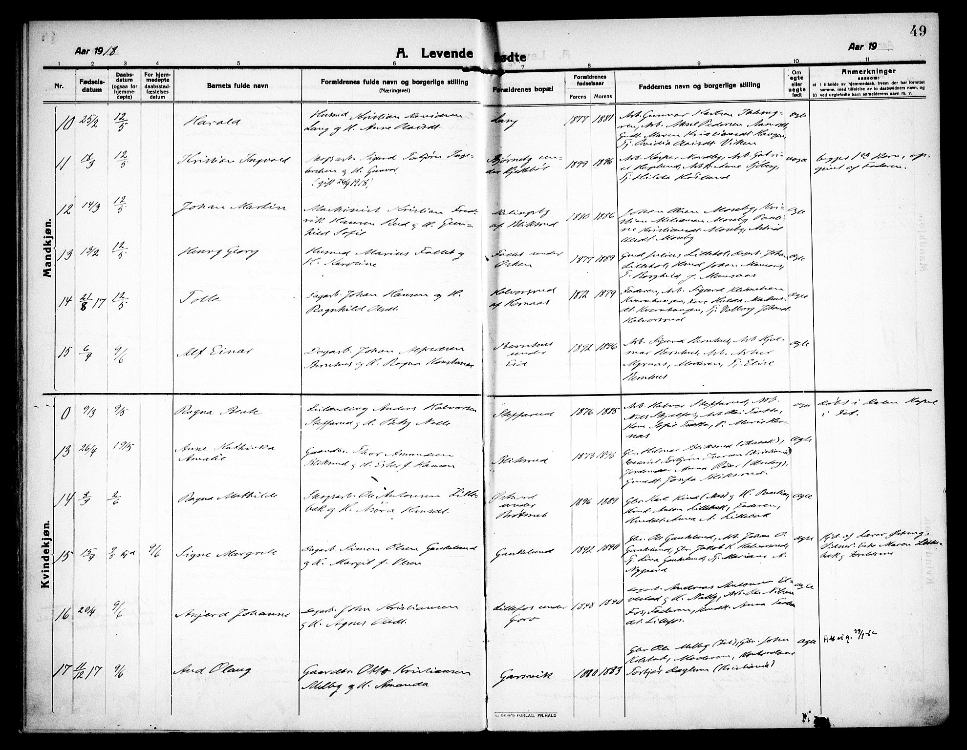 Høland prestekontor Kirkebøker, AV/SAO-A-10346a/F/Fa/L0016: Ministerialbok nr. I 16, 1912-1921, s. 49
