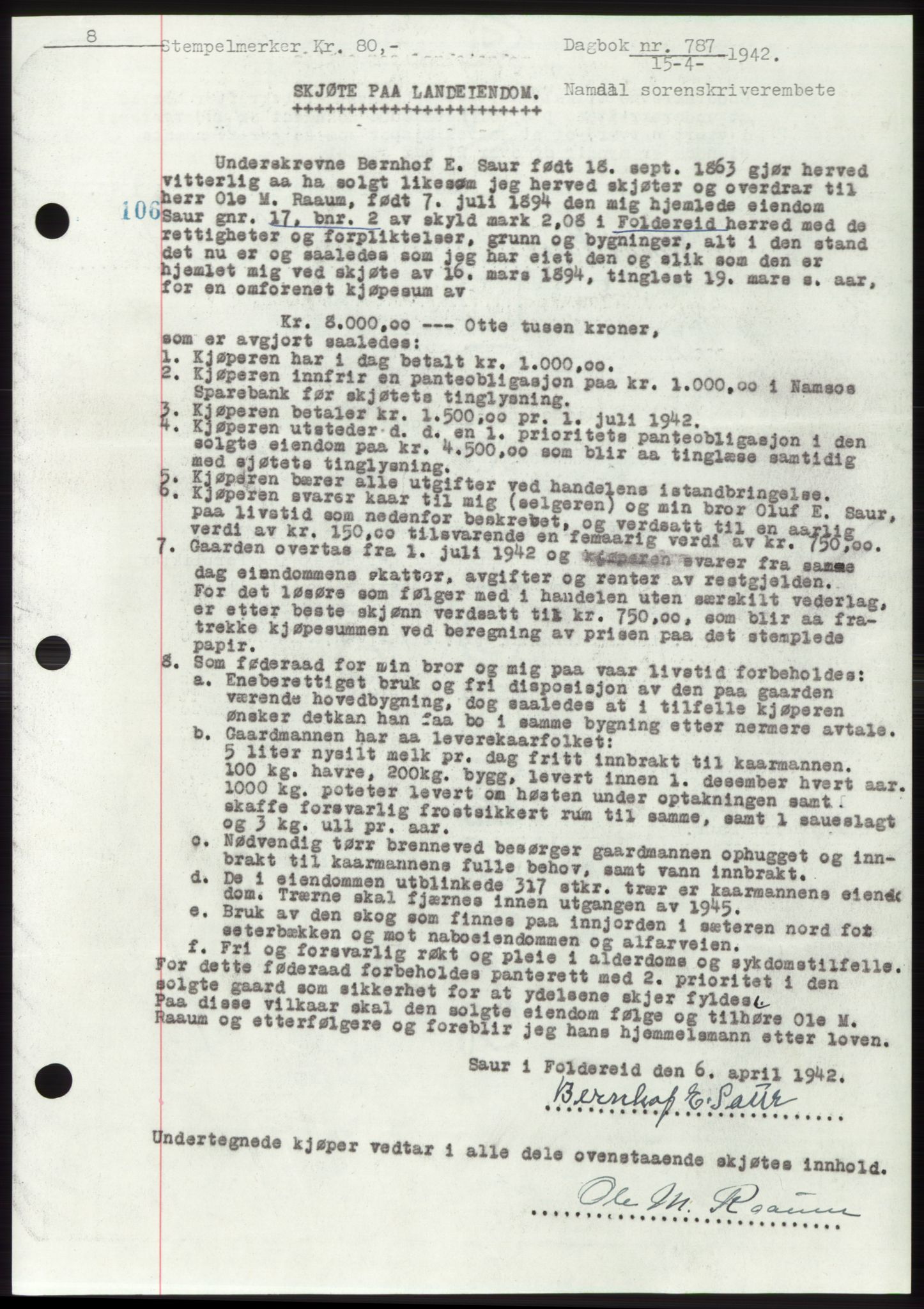 Namdal sorenskriveri, SAT/A-4133/1/2/2C: Pantebok nr. -, 1941-1942, Dagboknr: 787/1942