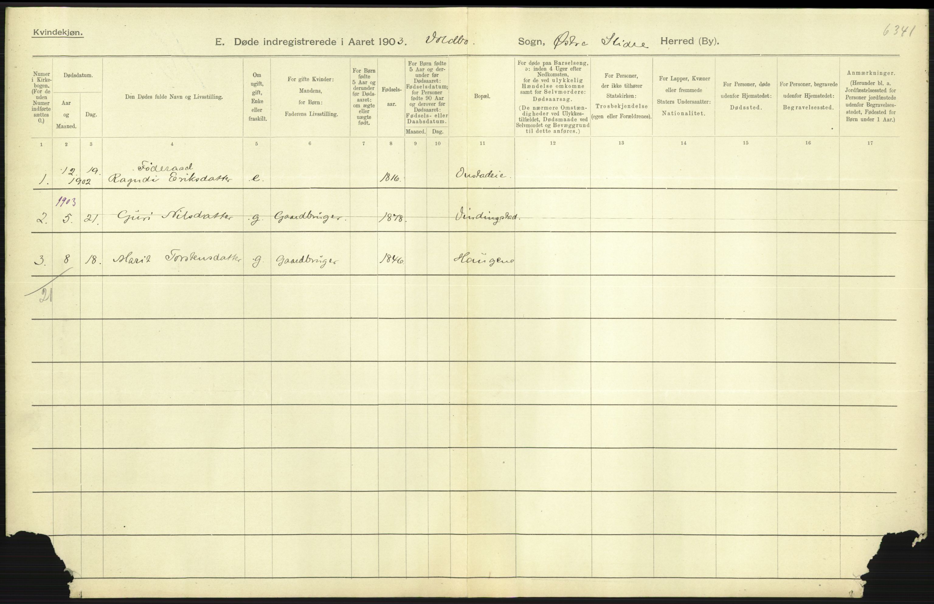 Statistisk sentralbyrå, Sosiodemografiske emner, Befolkning, AV/RA-S-2228/D/Df/Dfa/Dfaa/L0006: Kristians amt: Fødte, gifte, døde, 1903, s. 637