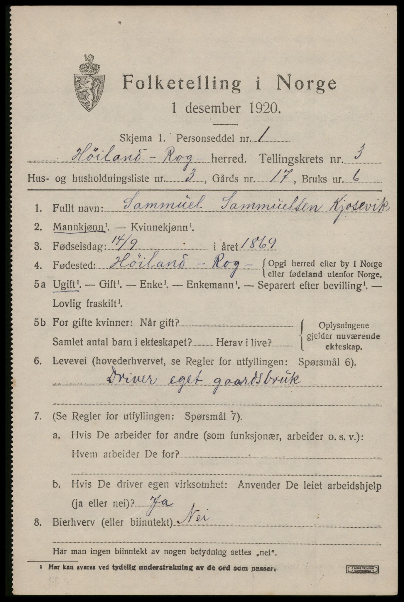 SAST, Folketelling 1920 for 1123 Høyland herred, 1920, s. 3030