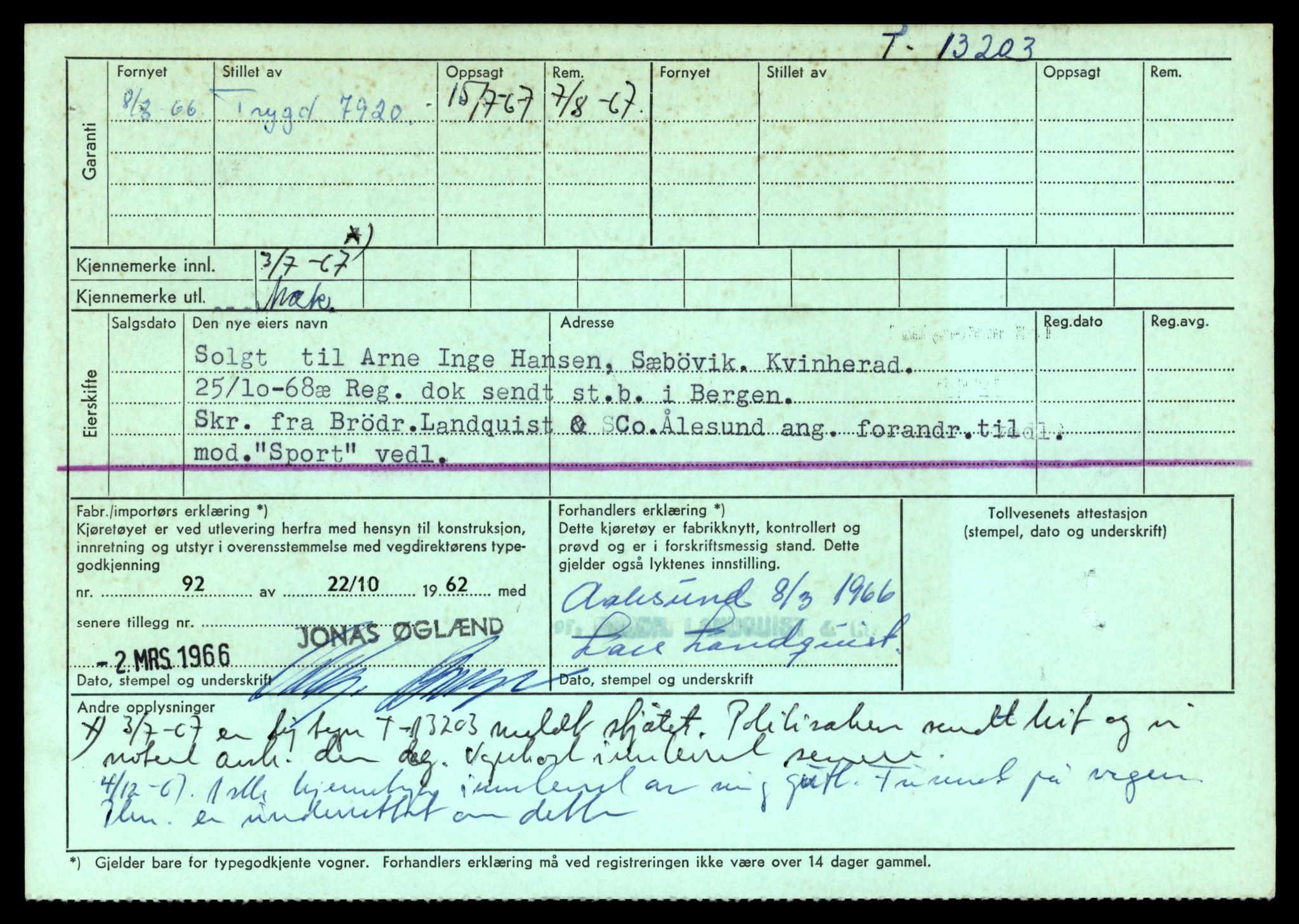Møre og Romsdal vegkontor - Ålesund trafikkstasjon, AV/SAT-A-4099/F/Fe/L0038: Registreringskort for kjøretøy T 13180 - T 13360, 1927-1998, s. 366