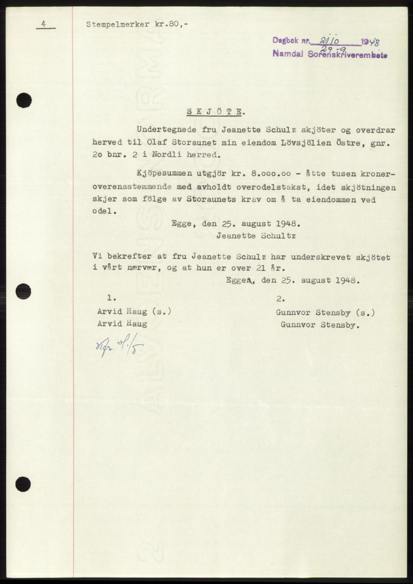 Namdal sorenskriveri, SAT/A-4133/1/2/2C: Pantebok nr. -, 1948-1948, Dagboknr: 2110/1948