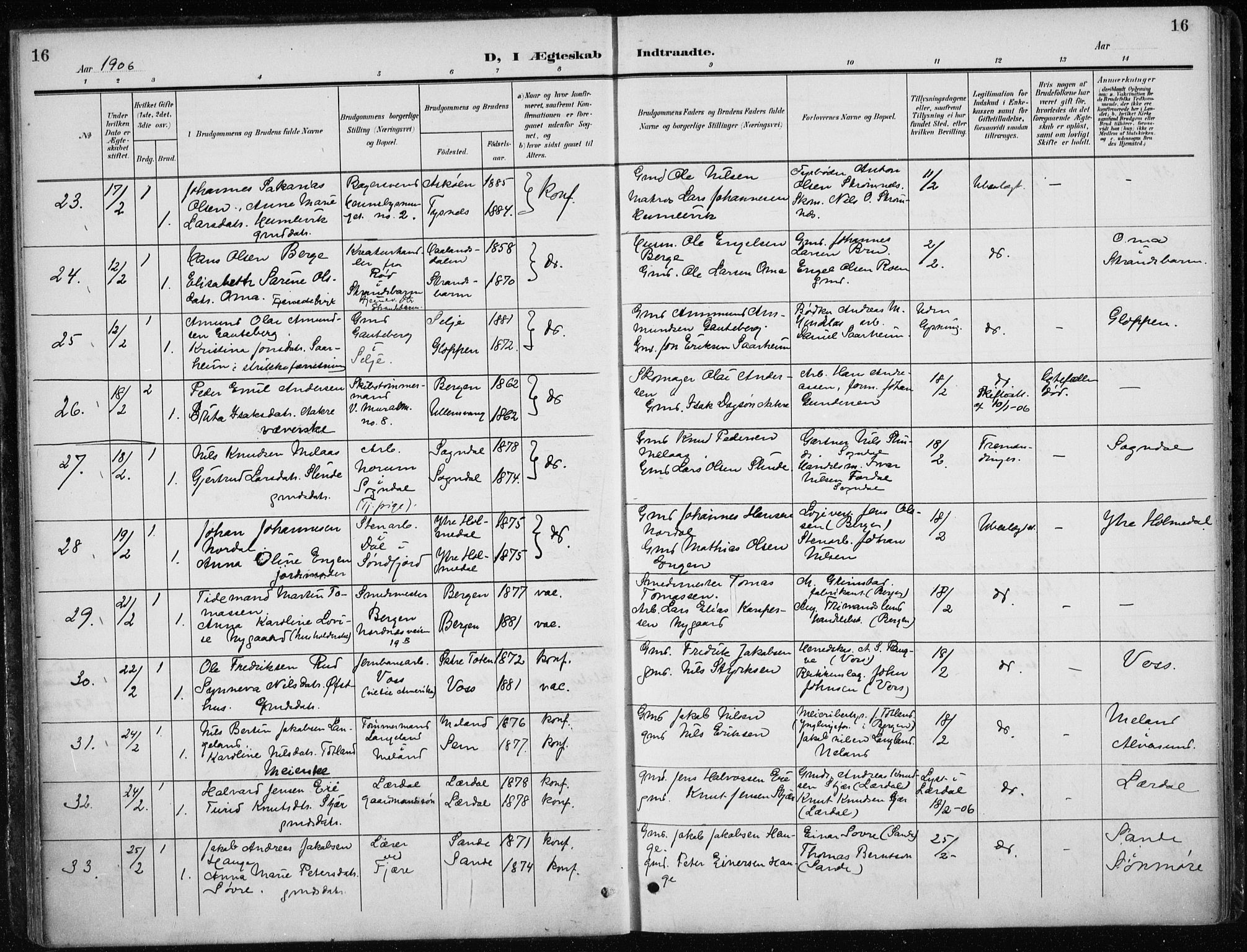 Nykirken Sokneprestembete, AV/SAB-A-77101/H/Haa/L0035: Ministerialbok nr. D 5, 1905-1913, s. 16