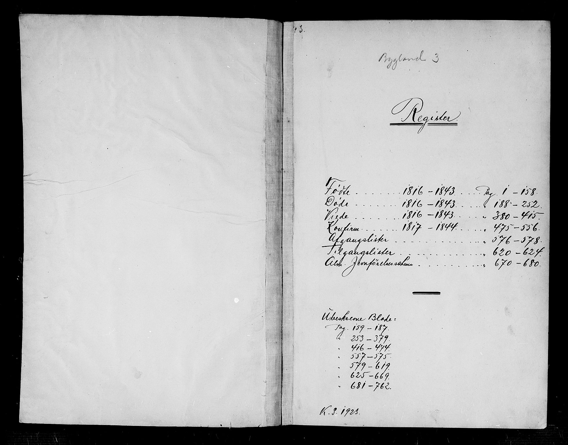 Bygland sokneprestkontor, AV/SAK-1111-0006/F/Fb/Fbb/L0001: Klokkerbok nr. B 1, 1816-1843, s. 0-1