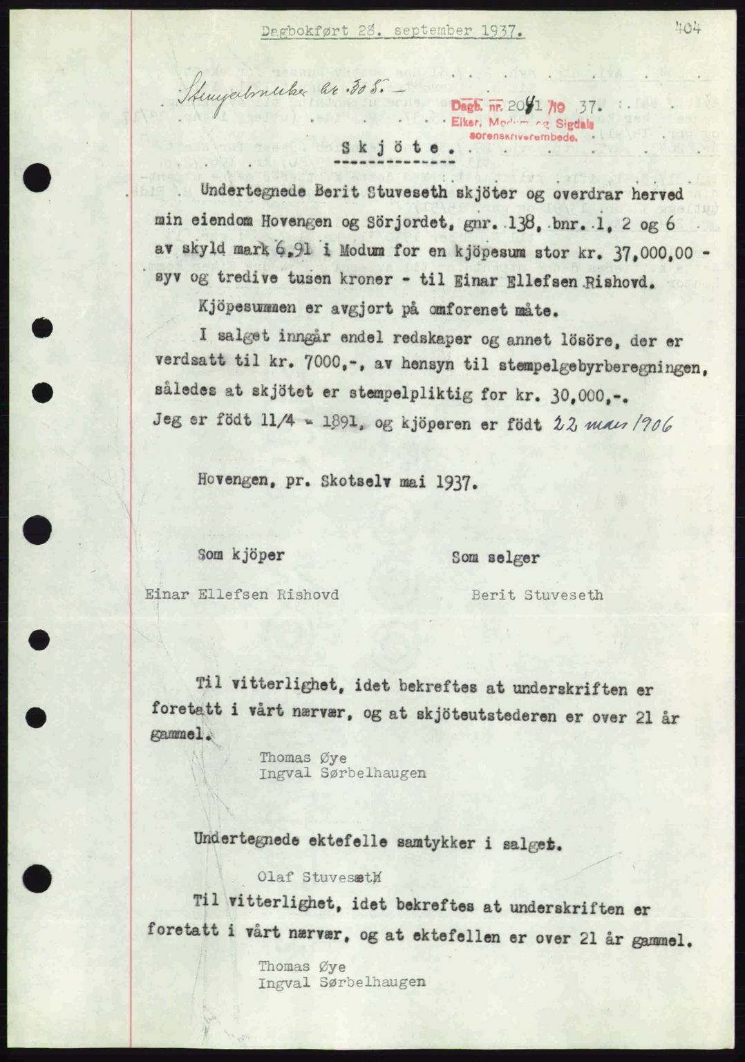 Eiker, Modum og Sigdal sorenskriveri, SAKO/A-123/G/Ga/Gab/L0036: Pantebok nr. A6, 1937-1937, Dagboknr: 2041/1937