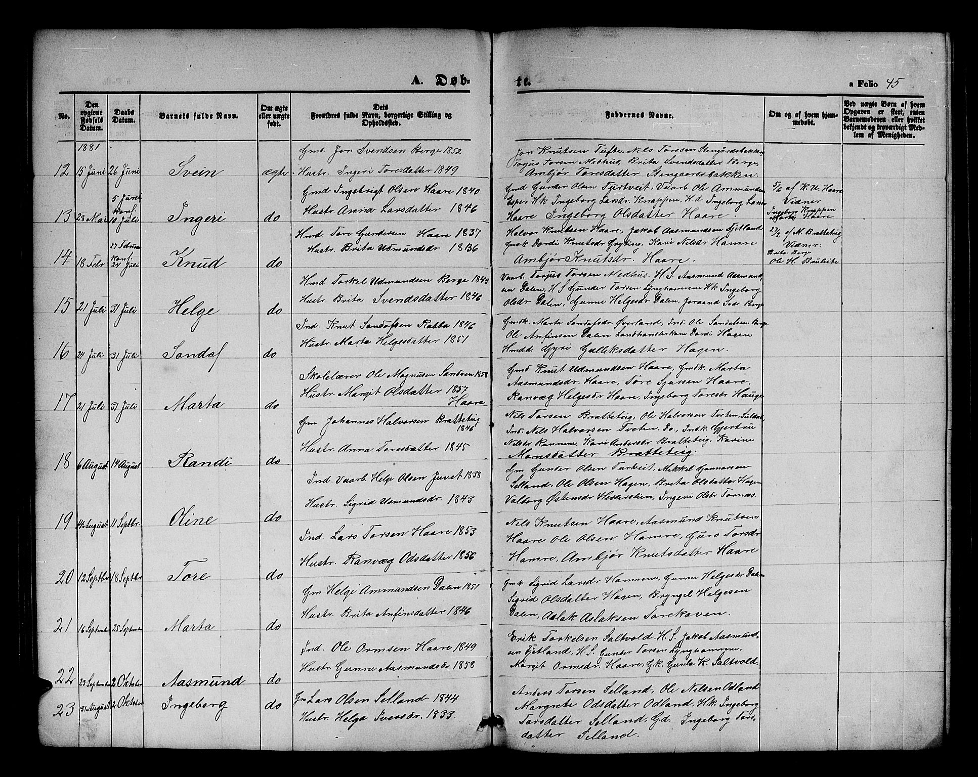 Røldal sokneprestembete, AV/SAB-A-100247: Klokkerbok nr. A 2, 1861-1886, s. 45