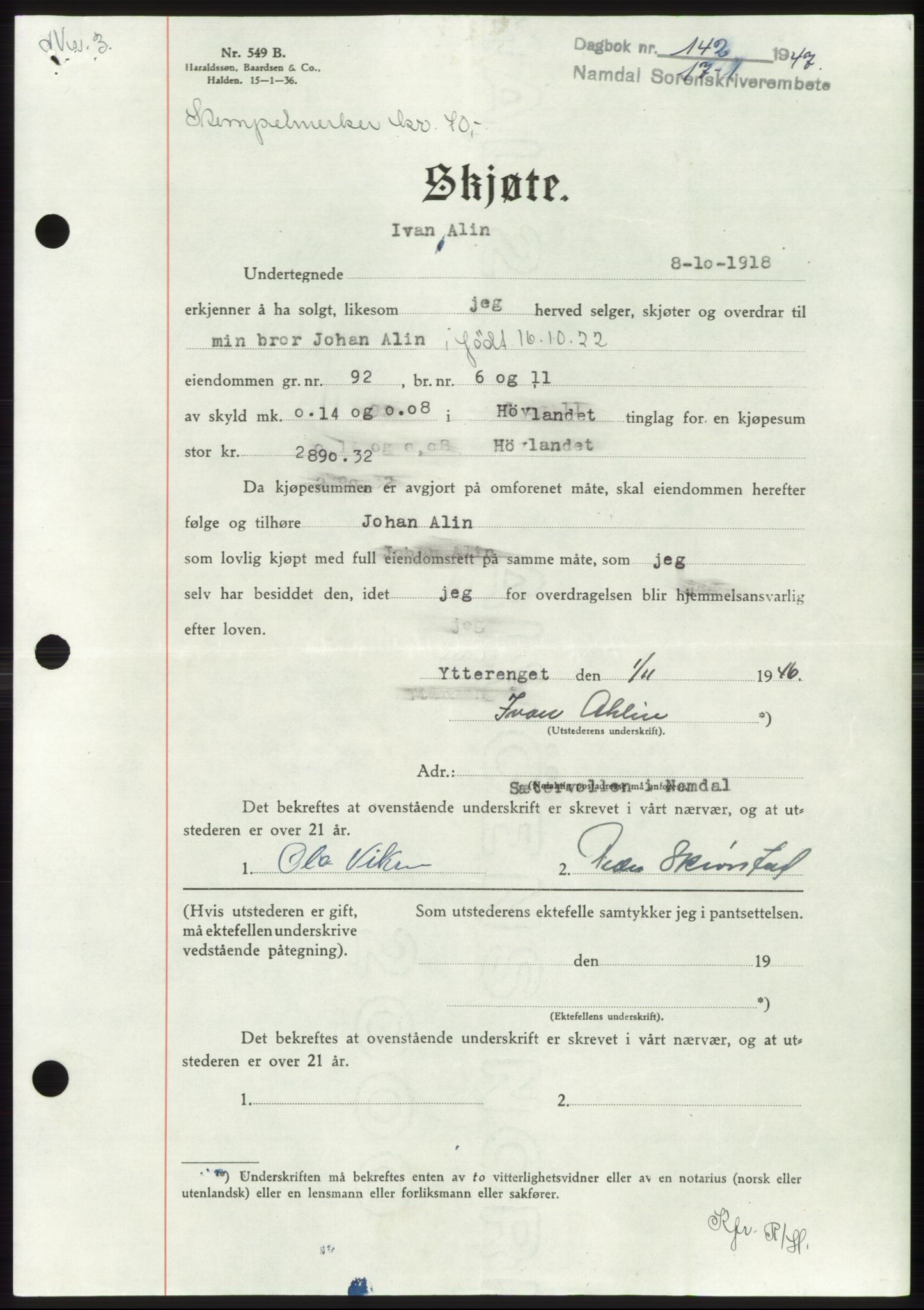 Namdal sorenskriveri, SAT/A-4133/1/2/2C: Pantebok nr. -, 1946-1947, Dagboknr: 142/1947