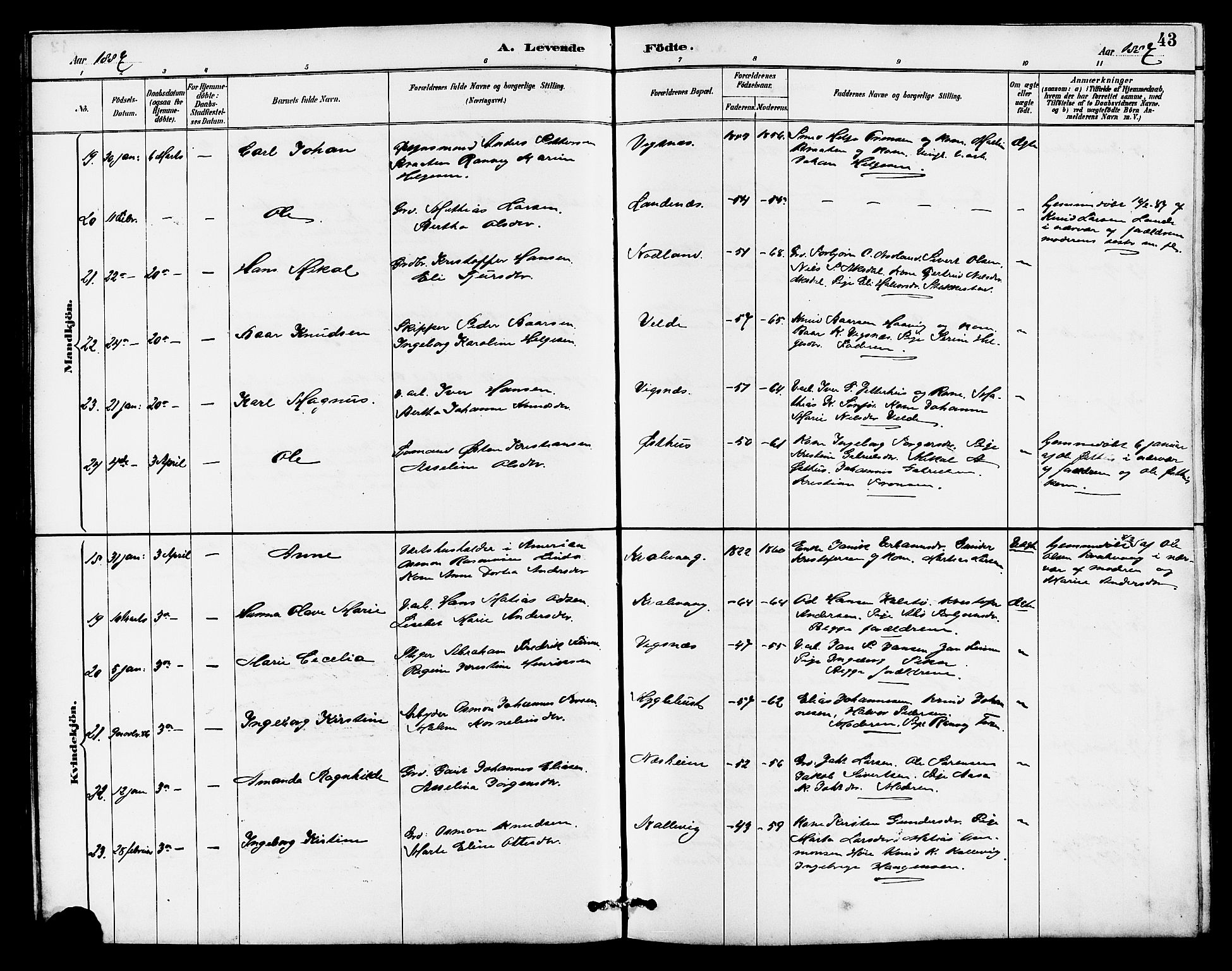 Avaldsnes sokneprestkontor, AV/SAST-A -101851/H/Ha/Hab/L0007: Klokkerbok nr. B 7, 1885-1909, s. 43