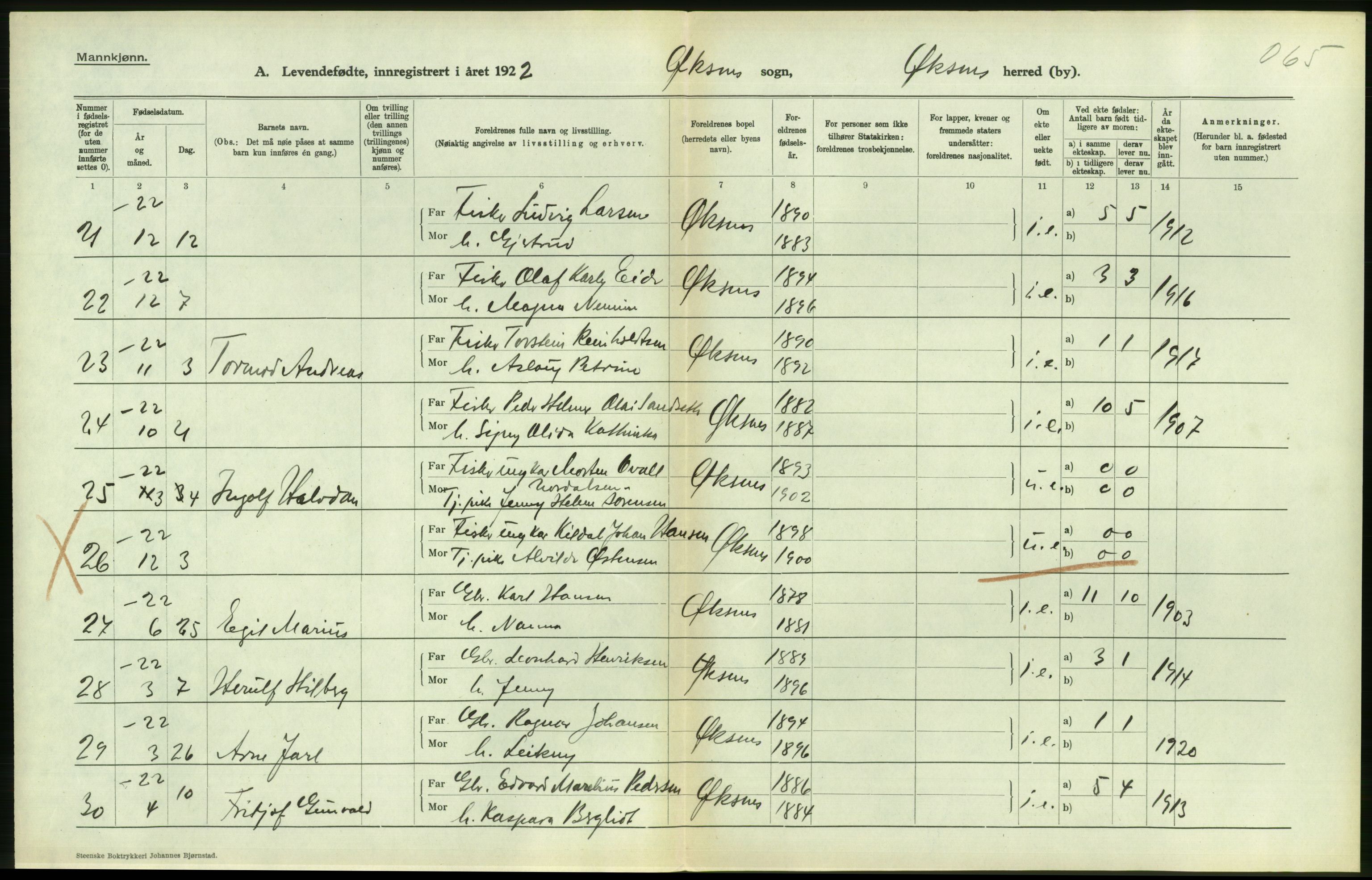 Statistisk sentralbyrå, Sosiodemografiske emner, Befolkning, RA/S-2228/D/Df/Dfc/Dfcb/L0044: Nordland fylke: Levendefødte menn og kvinner. Bygder og byer., 1922, s. 424