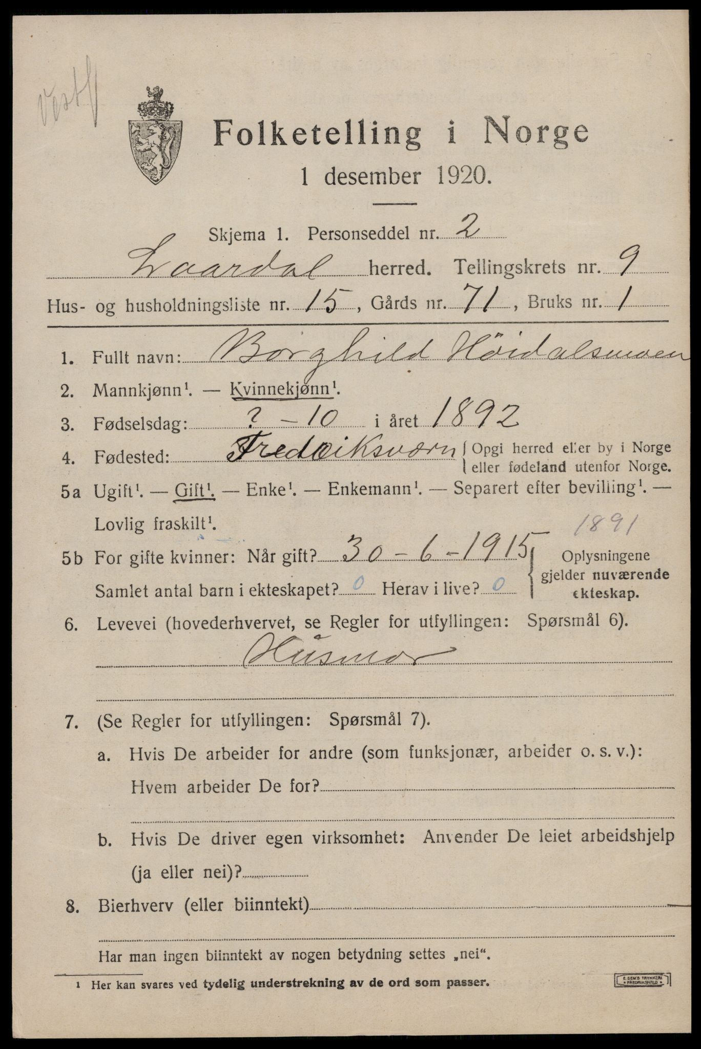 SAKO, Folketelling 1920 for 0833 Lårdal herred, 1920, s. 3297