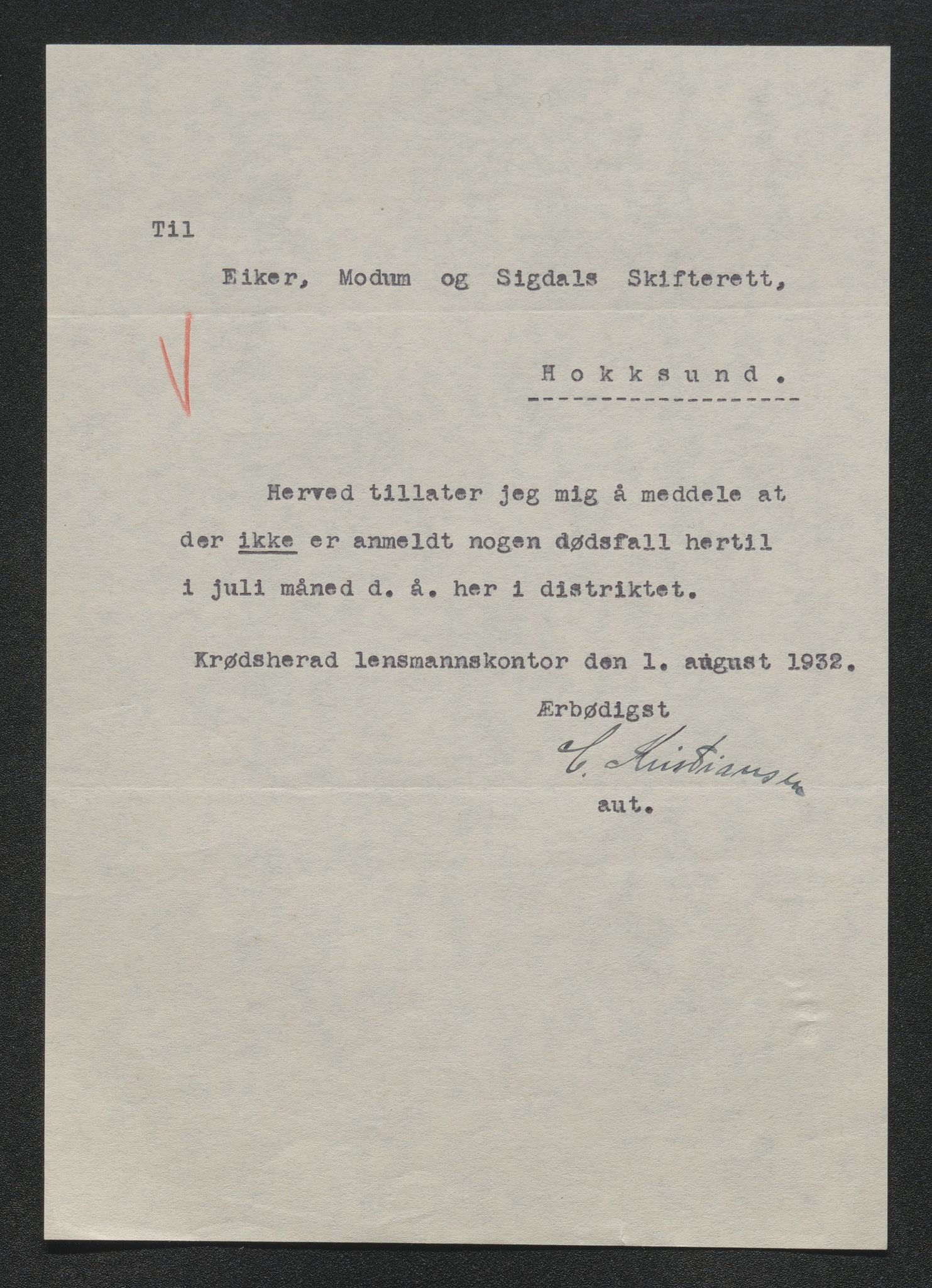Eiker, Modum og Sigdal sorenskriveri, SAKO/A-123/H/Ha/Hab/L0047: Dødsfallsmeldinger, 1932, s. 402