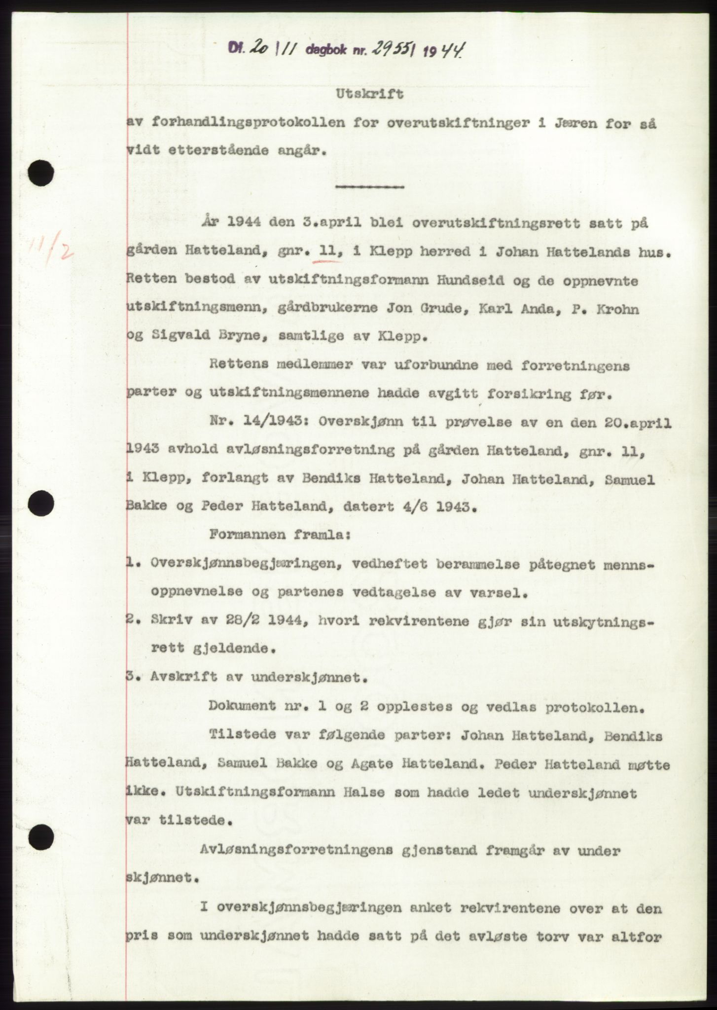 Jæren sorenskriveri, SAST/A-100310/03/G/Gba/L0087: Pantebok, 1944-1945, Dagboknr: 2955/1944