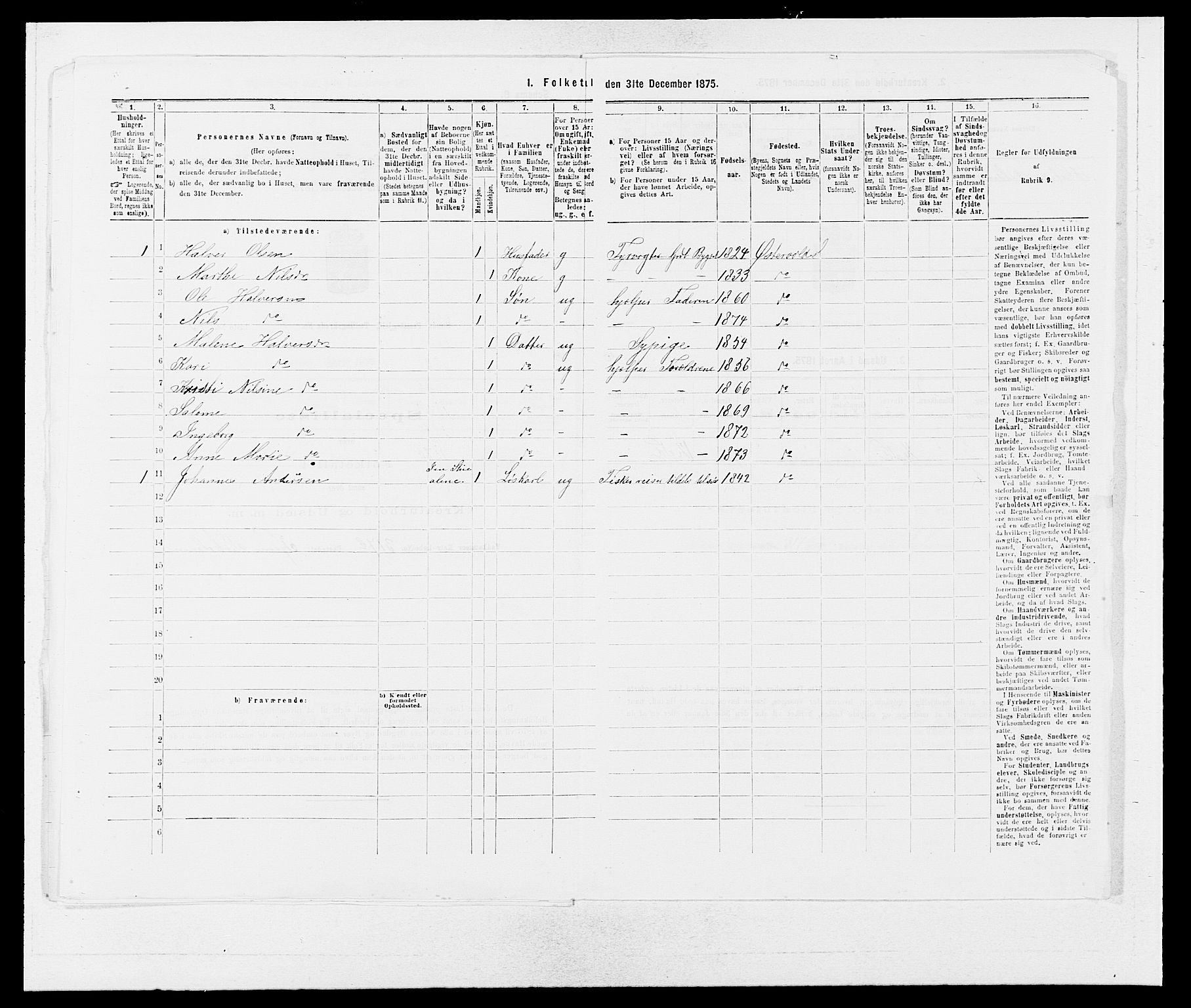 SAB, Folketelling 1875 for 1245P Sund prestegjeld, 1875, s. 825