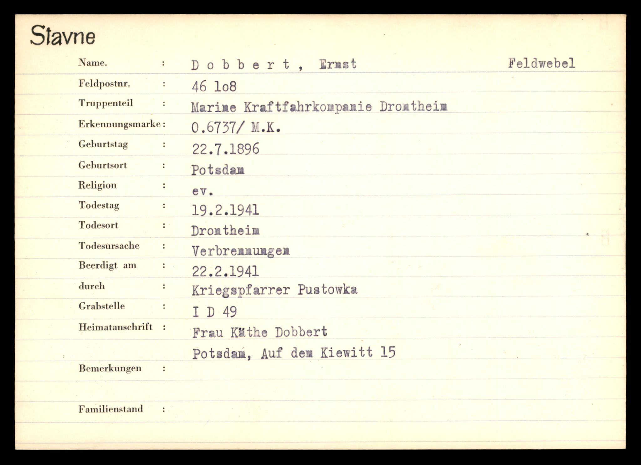 Distriktskontoret for krigsgraver, SAT/A-5030/E/L0003: Kasett/kartotek over tysk Krigskirkegård Stavne, 1945, s. 225