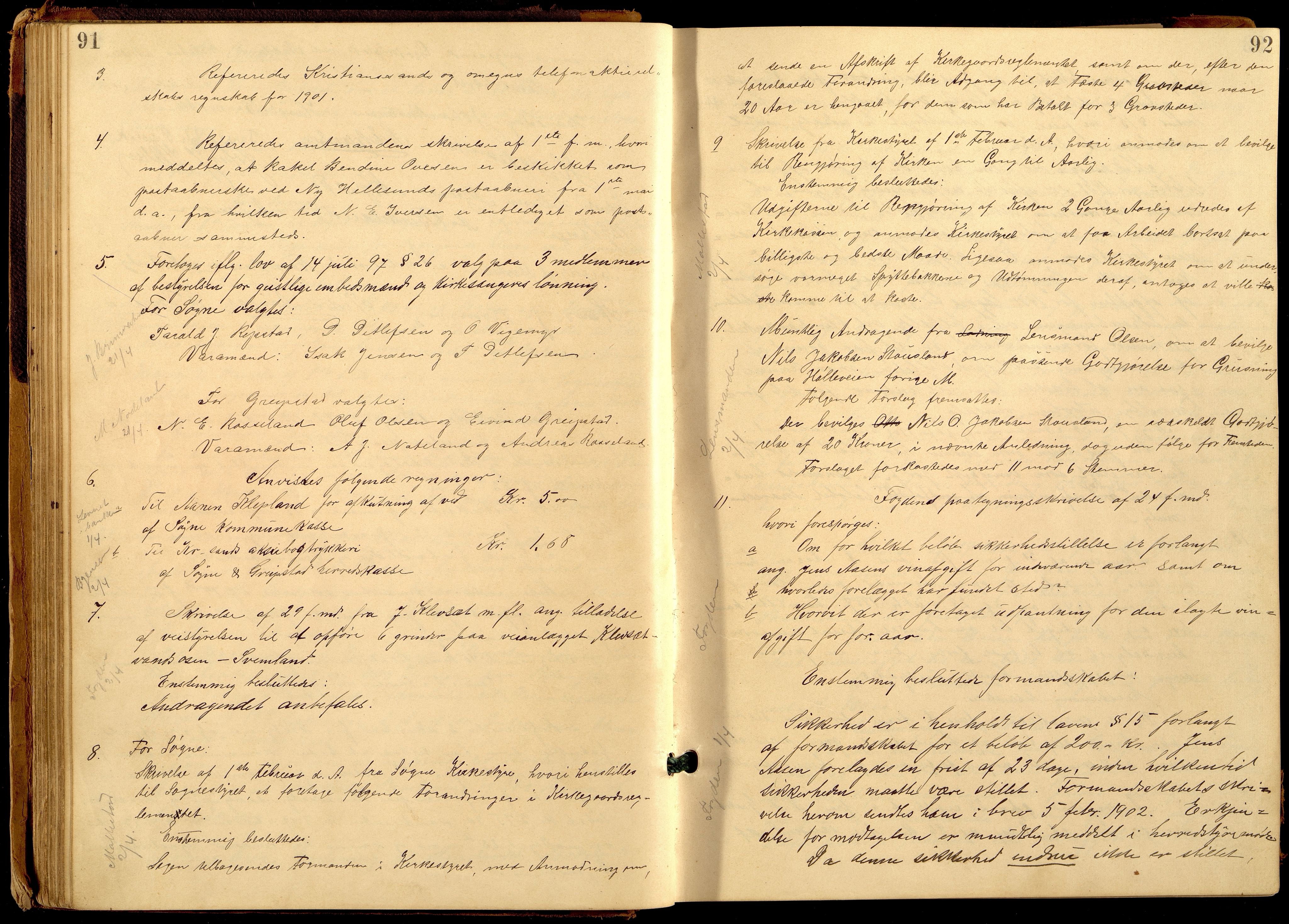 Søgne og Greipstad kommune - Formannskapet, ARKSOR/1018SG120/A/L0006: Møtebok (d), 1901-1909, s. 91-92