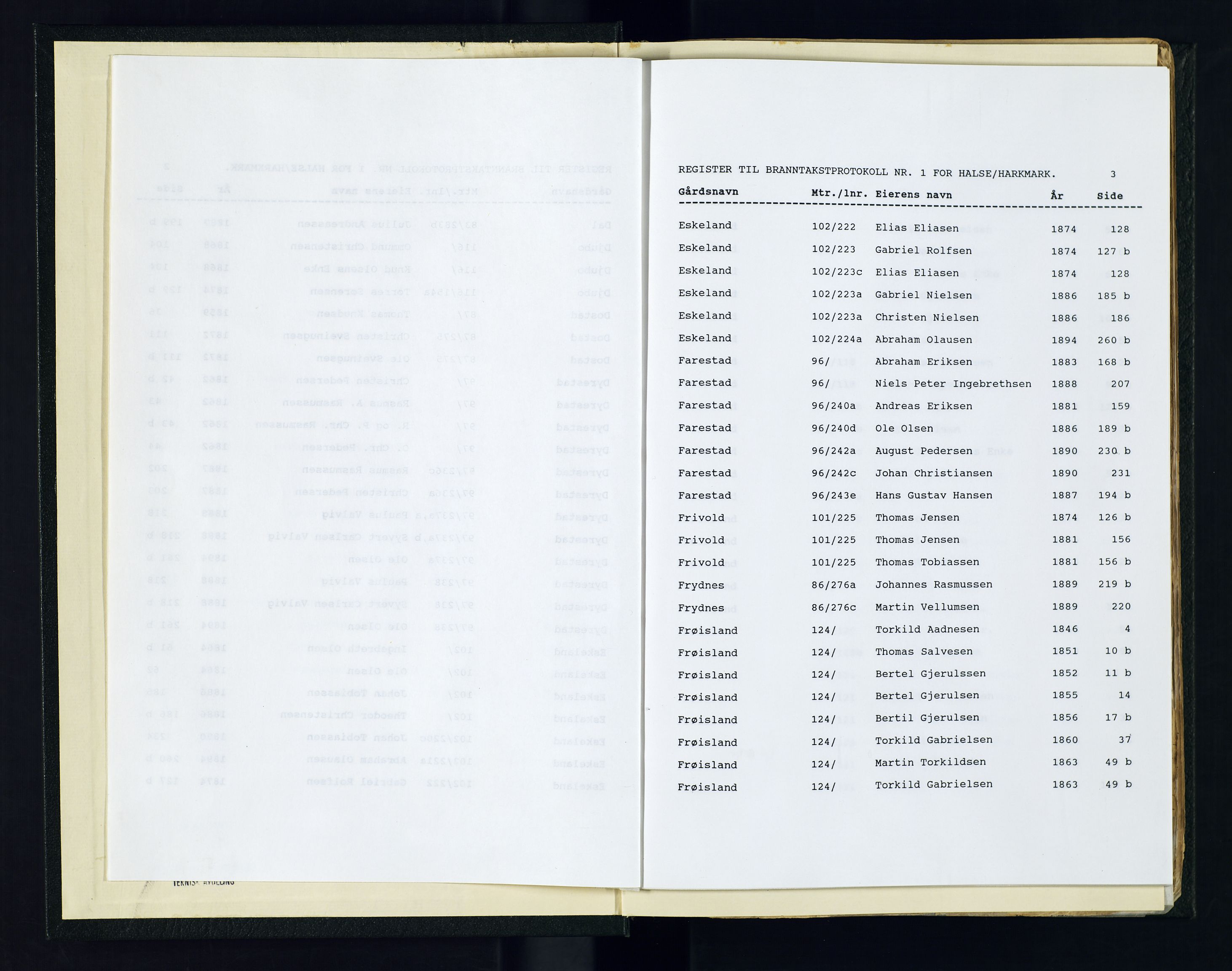 Norges Brannkasse Halse og Harkmark, AV/SAK-2241-0020/F/Fa/L0001: Branntakstprotokoll nr. 1 med gårdsnavnregister, 1846-1894