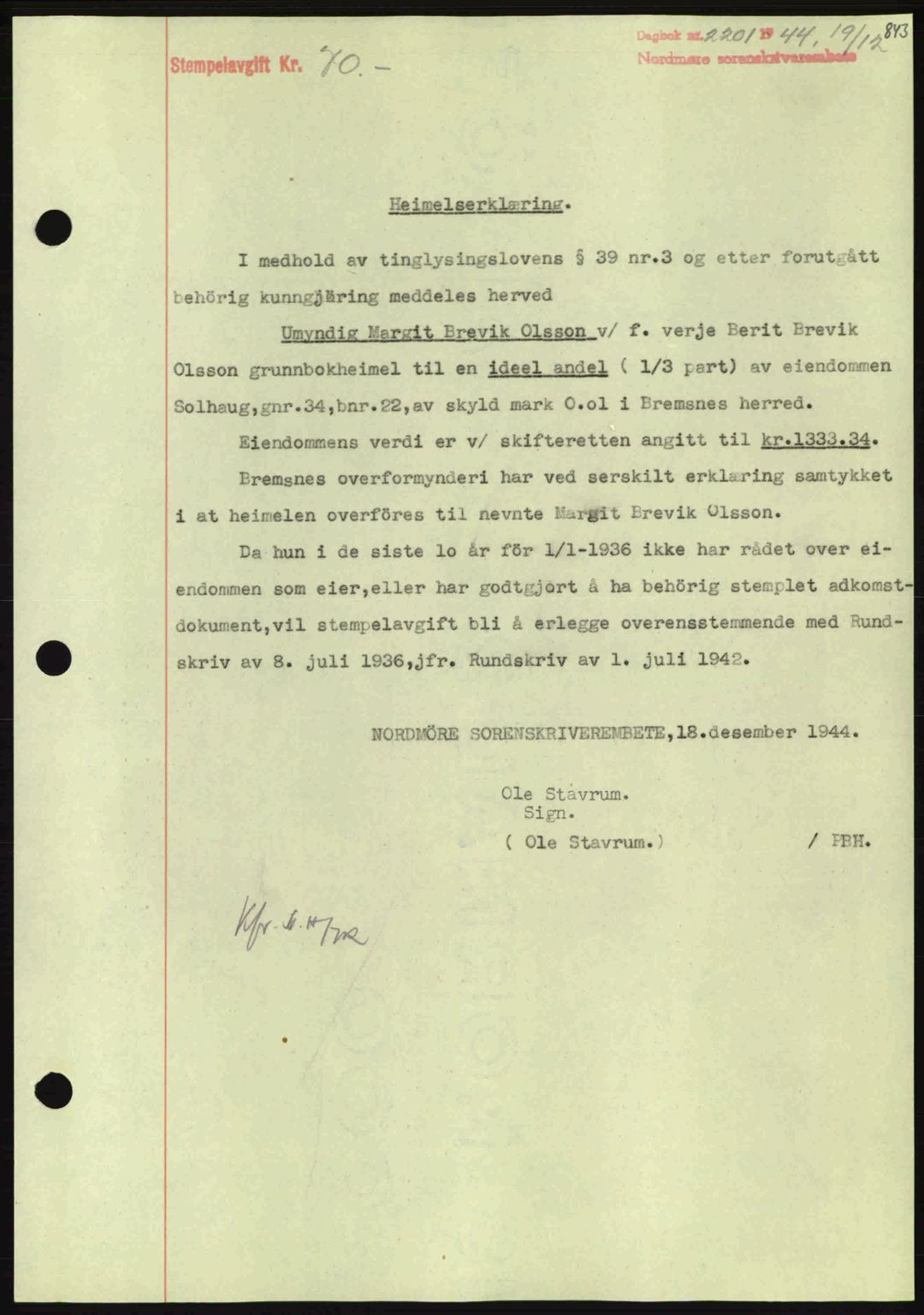 Nordmøre sorenskriveri, SAT/A-4132/1/2/2Ca: Pantebok nr. A98, 1944-1944, Dagboknr: 2201/1944