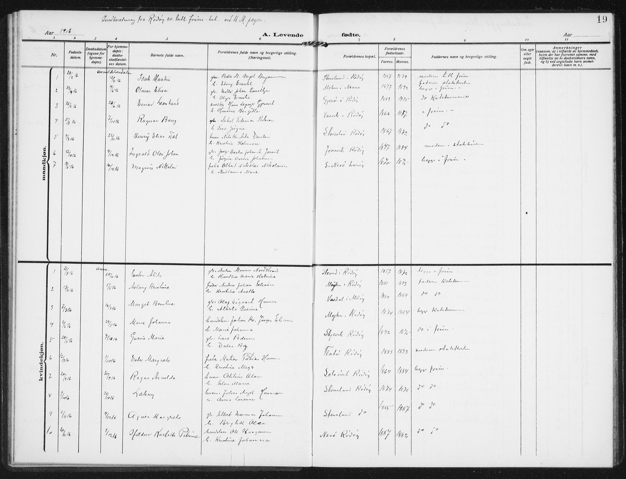 Ministerialprotokoller, klokkerbøker og fødselsregistre - Nordland, AV/SAT-A-1459/843/L0629: Ministerialbok nr. 843A04, 1907-1925, s. 19