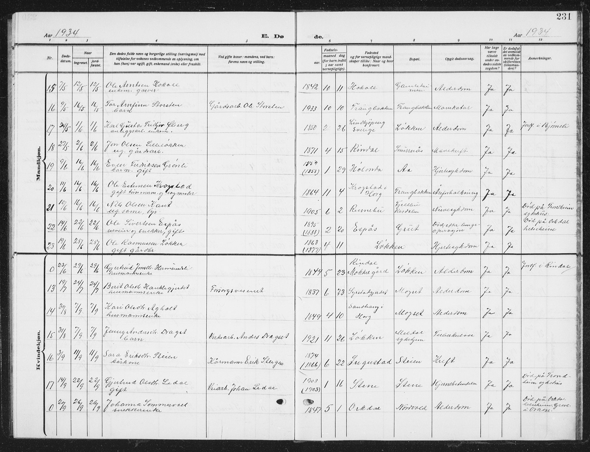 Ministerialprotokoller, klokkerbøker og fødselsregistre - Sør-Trøndelag, SAT/A-1456/672/L0866: Klokkerbok nr. 672C05, 1929-1939, s. 231