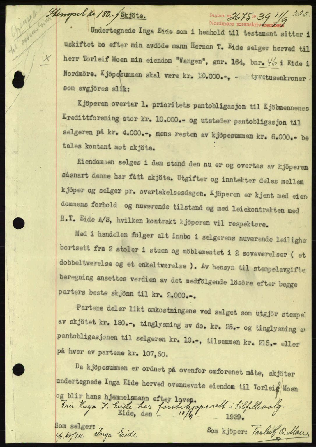 Nordmøre sorenskriveri, SAT/A-4132/1/2/2Ca: Pantebok nr. A87, 1939-1940, Dagboknr: 2675/1939