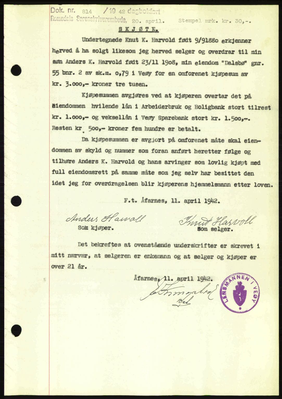 Romsdal sorenskriveri, SAT/A-4149/1/2/2C: Pantebok nr. A12, 1942-1942, Dagboknr: 814/1942