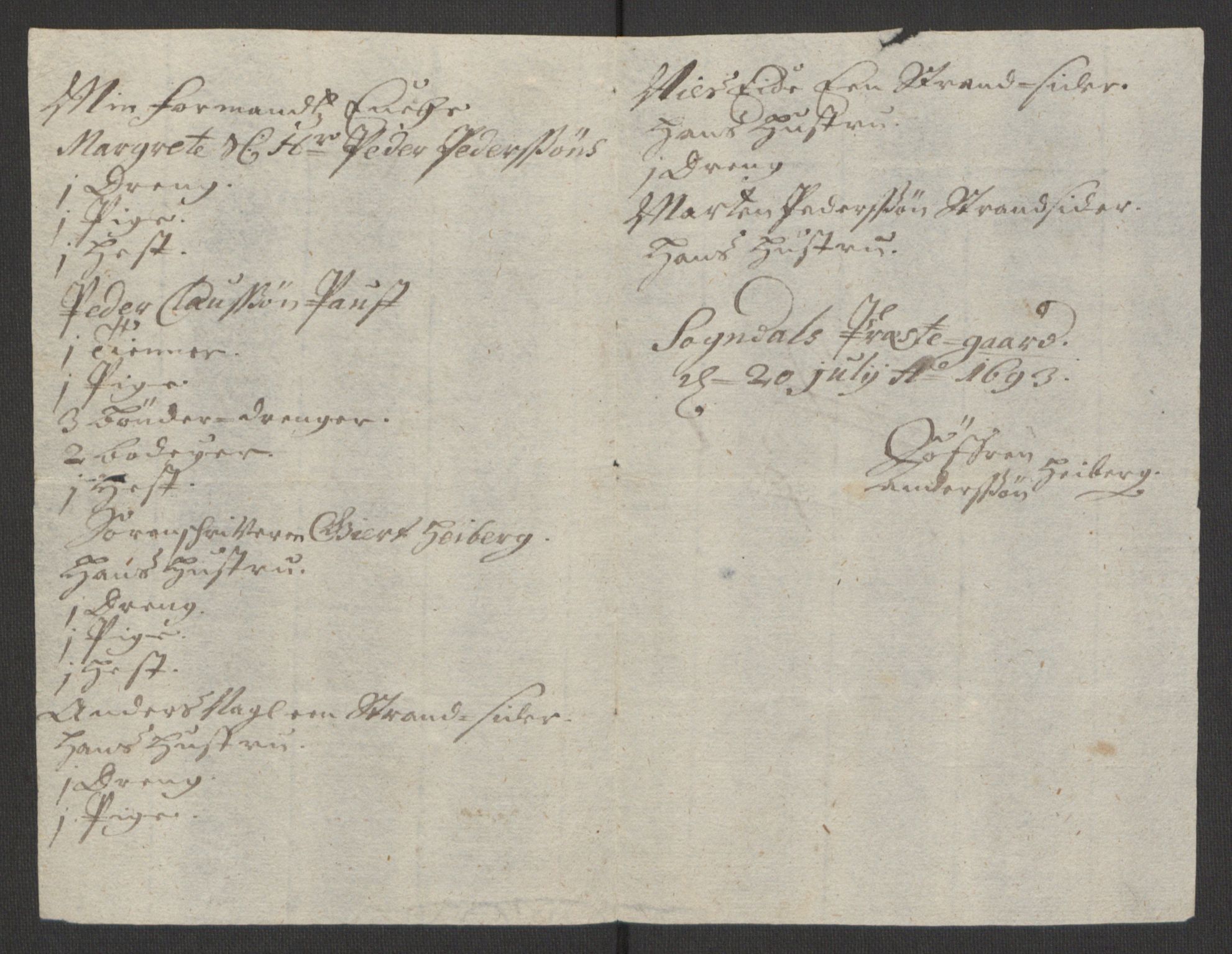 Rentekammeret inntil 1814, Reviderte regnskaper, Fogderegnskap, AV/RA-EA-4092/R52/L3307: Fogderegnskap Sogn, 1693-1694, s. 43