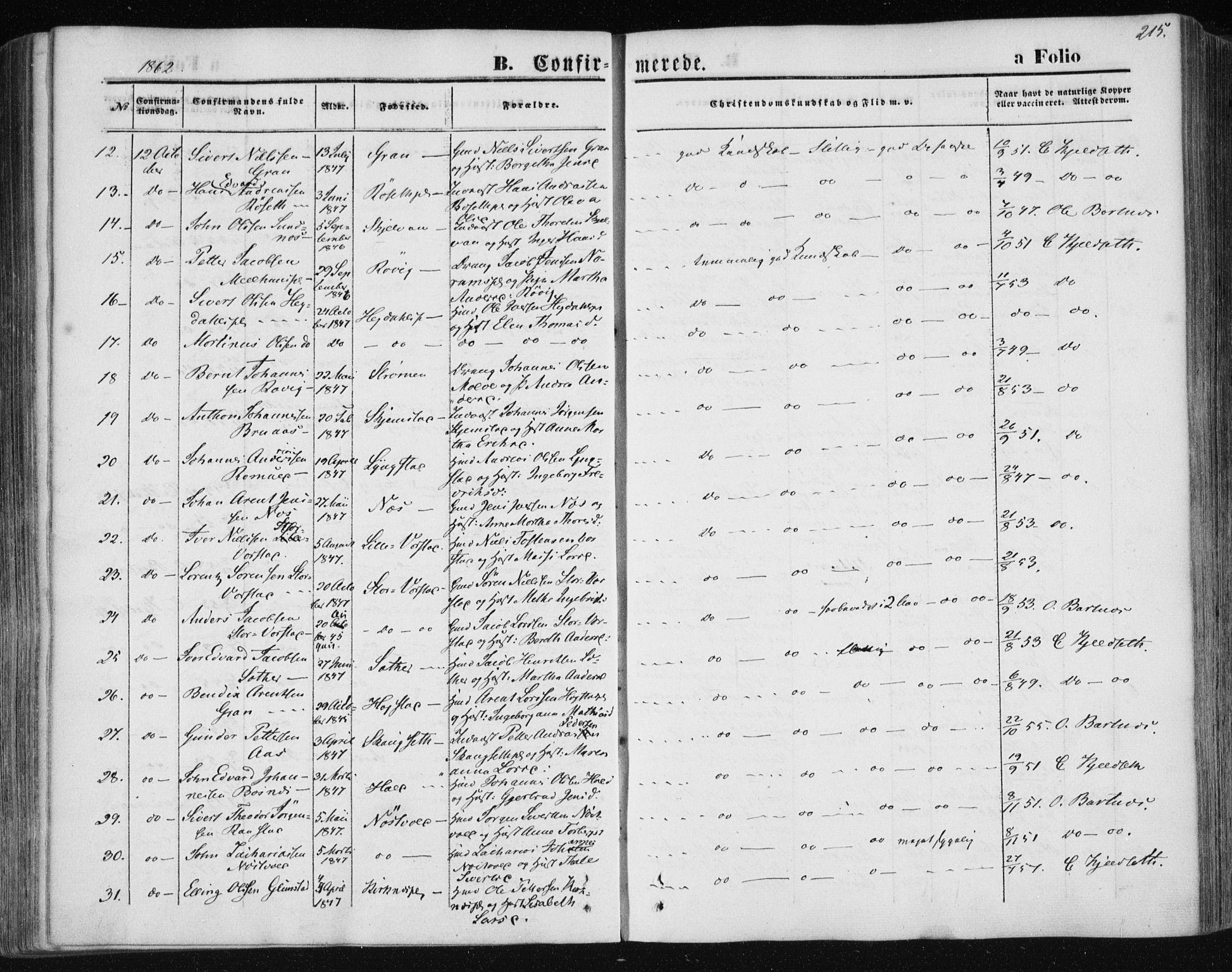 Ministerialprotokoller, klokkerbøker og fødselsregistre - Nord-Trøndelag, SAT/A-1458/730/L0283: Ministerialbok nr. 730A08, 1855-1865, s. 215