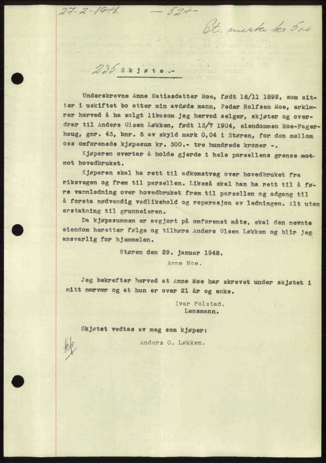 Gauldal sorenskriveri, SAT/A-0014/1/2/2C: Pantebok nr. A5, 1947-1948, Dagboknr: 235/1948
