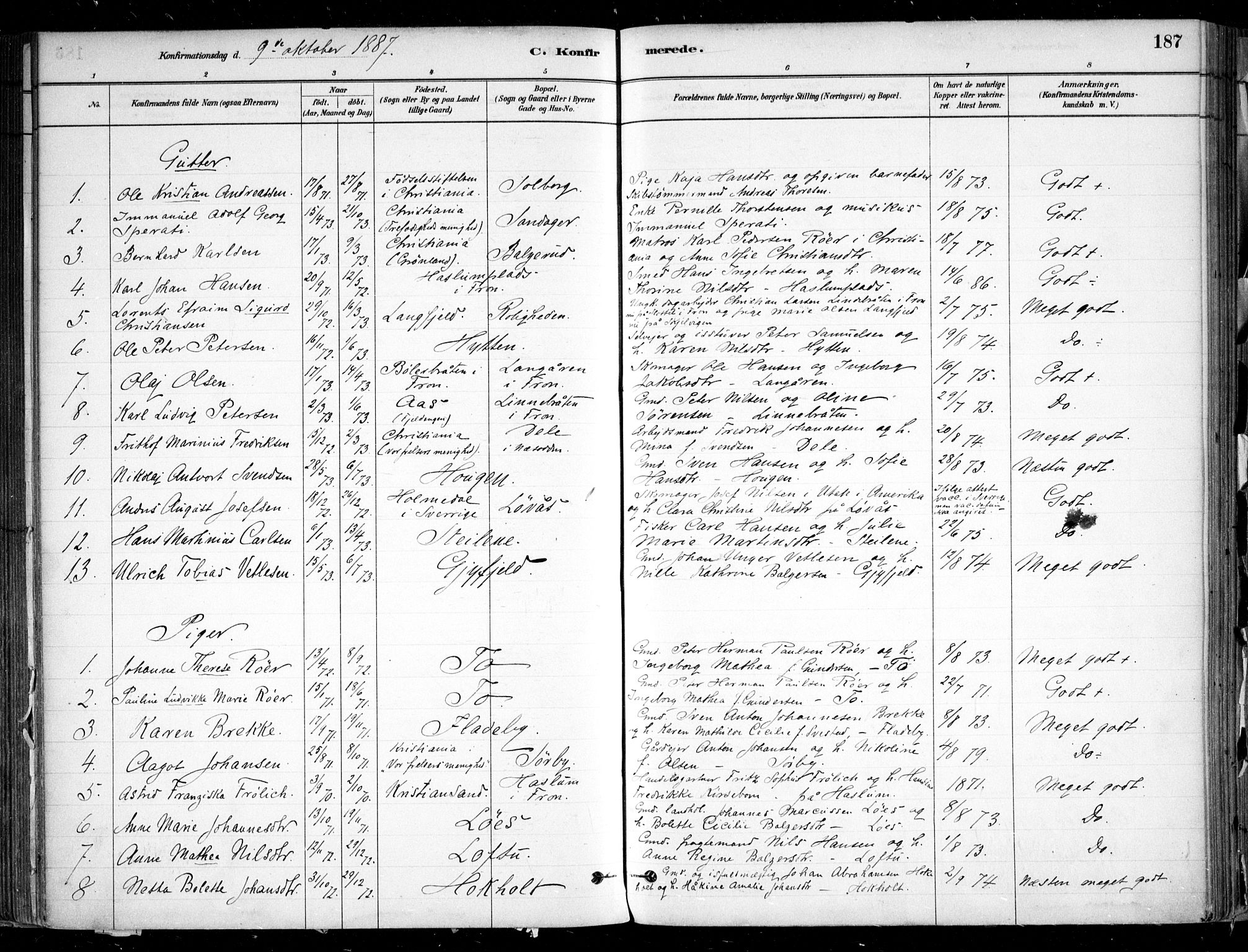 Nesodden prestekontor Kirkebøker, AV/SAO-A-10013/F/Fa/L0009: Ministerialbok nr. I 9, 1880-1915, s. 187
