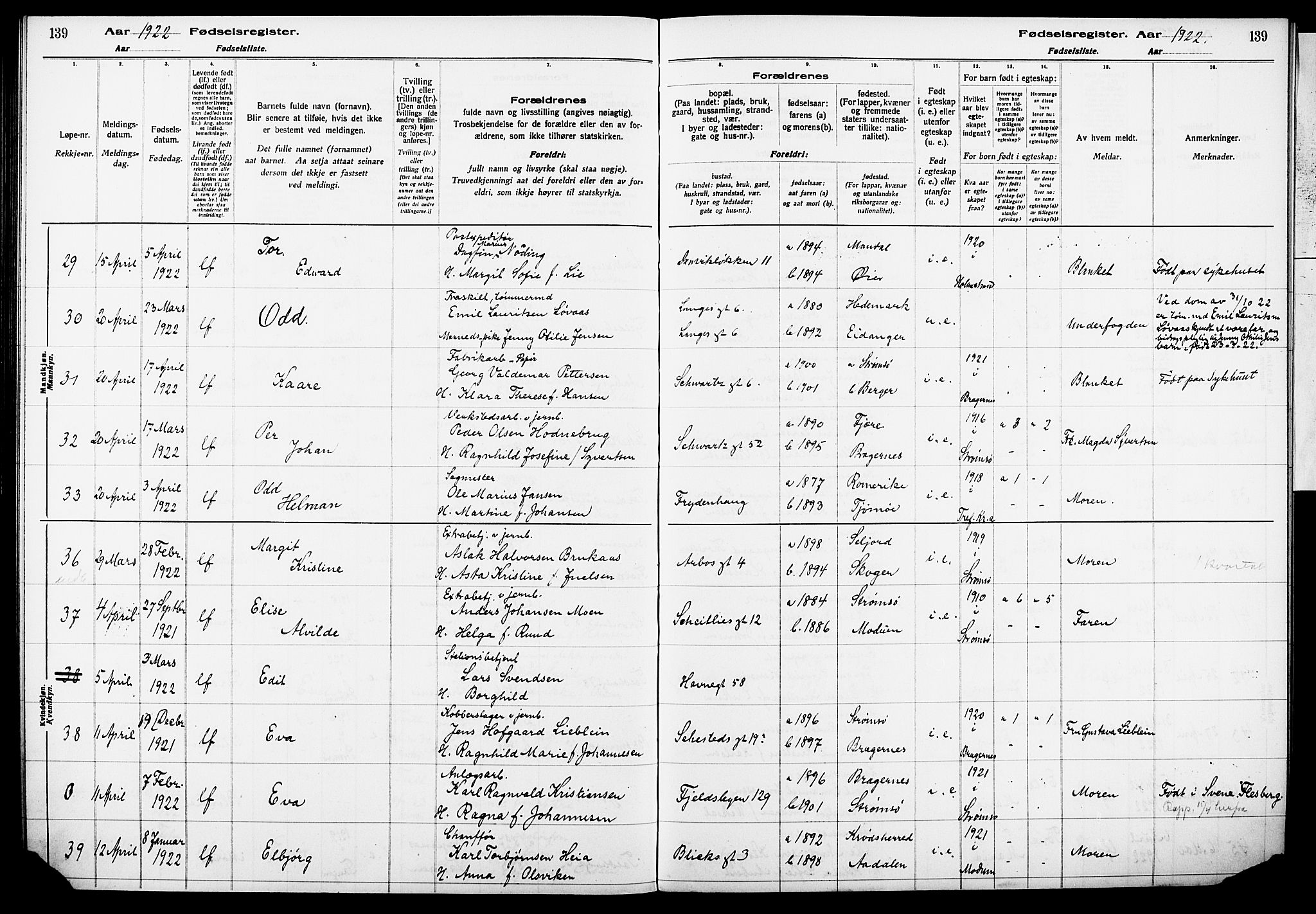 Strømsø kirkebøker, SAKO/A-246/J/Ja/L0001: Fødselsregister nr. 1, 1916-1925, s. 139