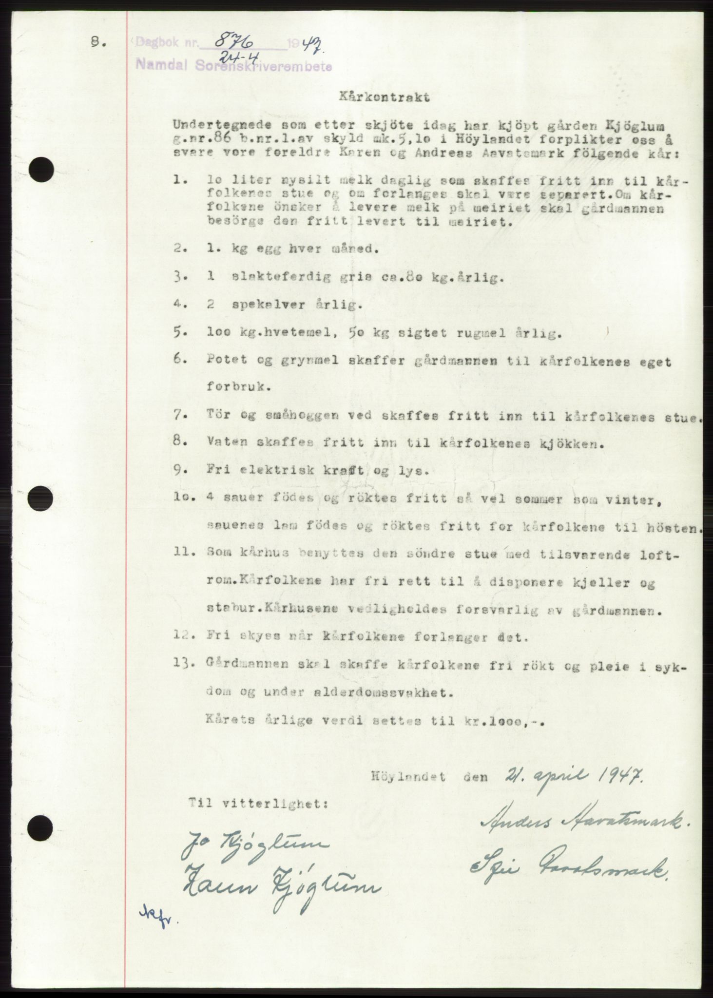 Namdal sorenskriveri, SAT/A-4133/1/2/2C: Pantebok nr. -, 1947-1947, Dagboknr: 876/1947
