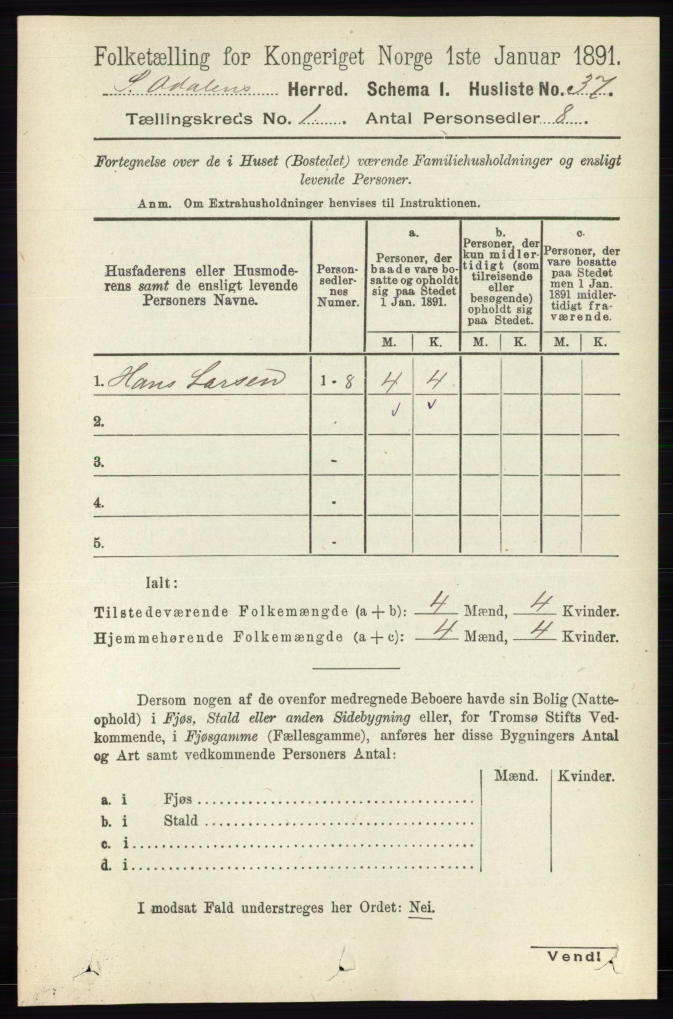 RA, Folketelling 1891 for 0419 Sør-Odal herred, 1891, s. 92