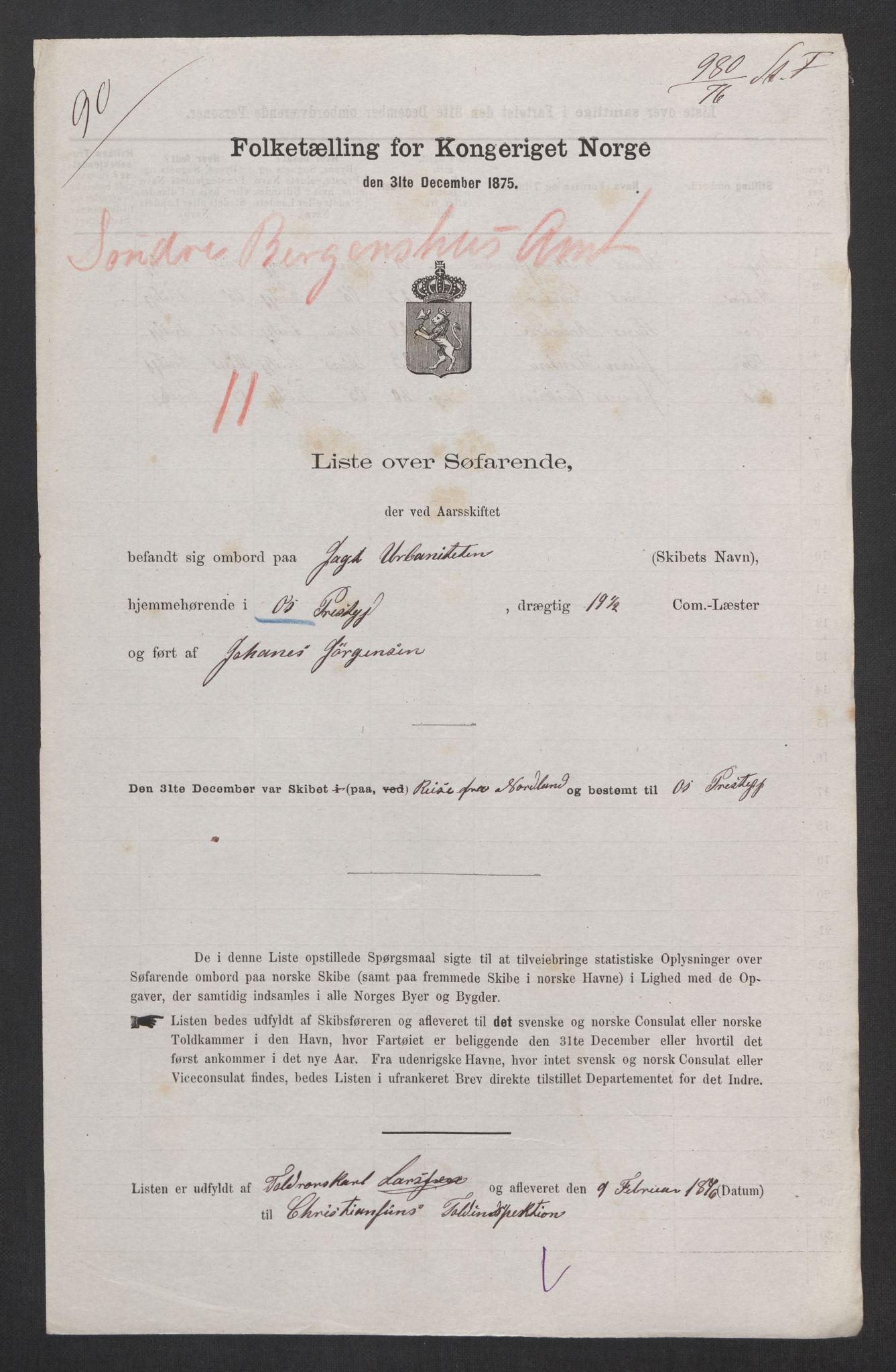 RA, Folketelling 1875, skipslister: Skip i innenrikske havner, hjemmehørende i 1) landdistrikter, 2) forskjellige steder, 3) utlandet, 1875, s. 104