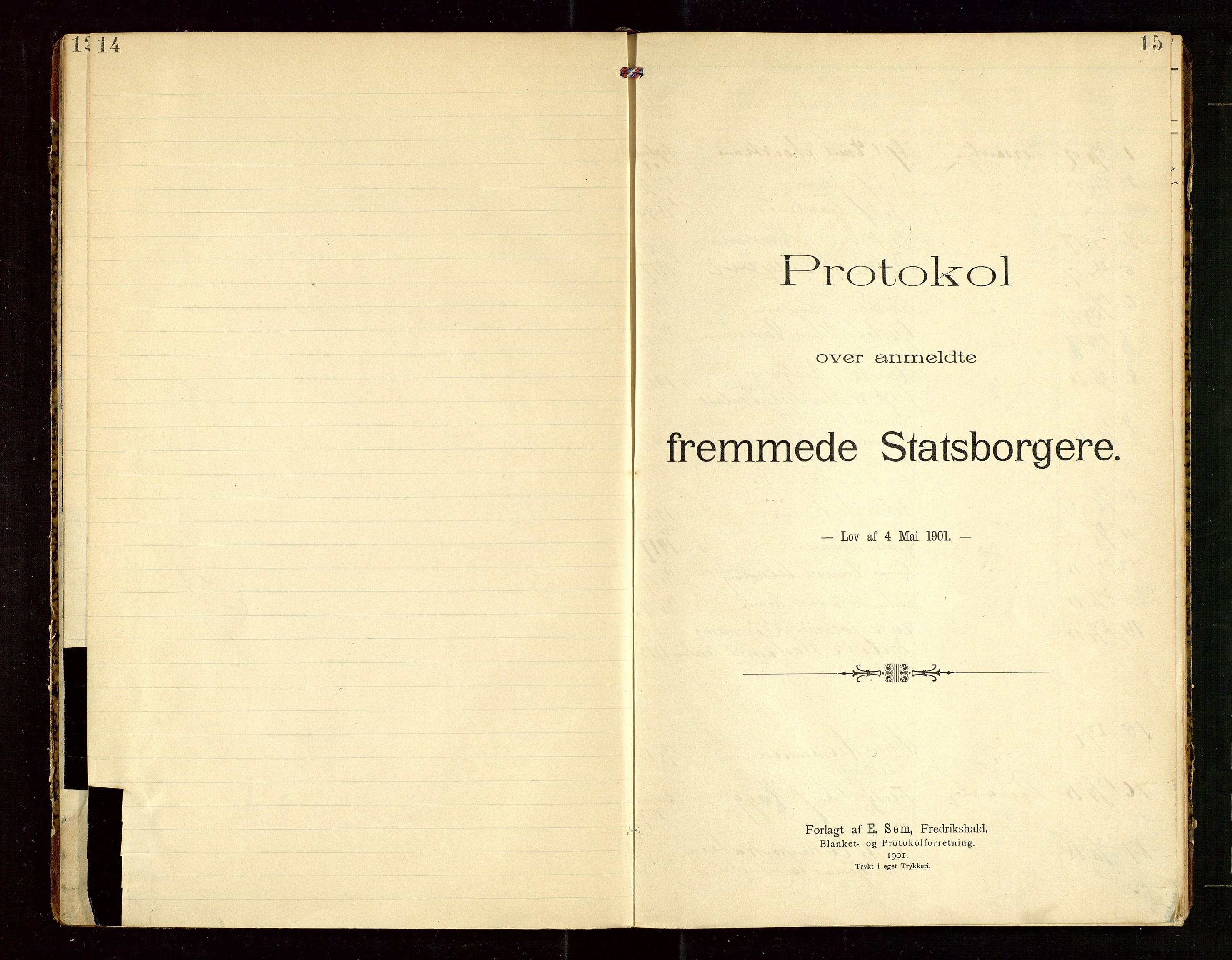 Sand lensmannskontor, SAST/A-100415/Fea/L0001: "Protokol over anmeldte fremmede Statsborgere", 1909-1962, s. 14-15