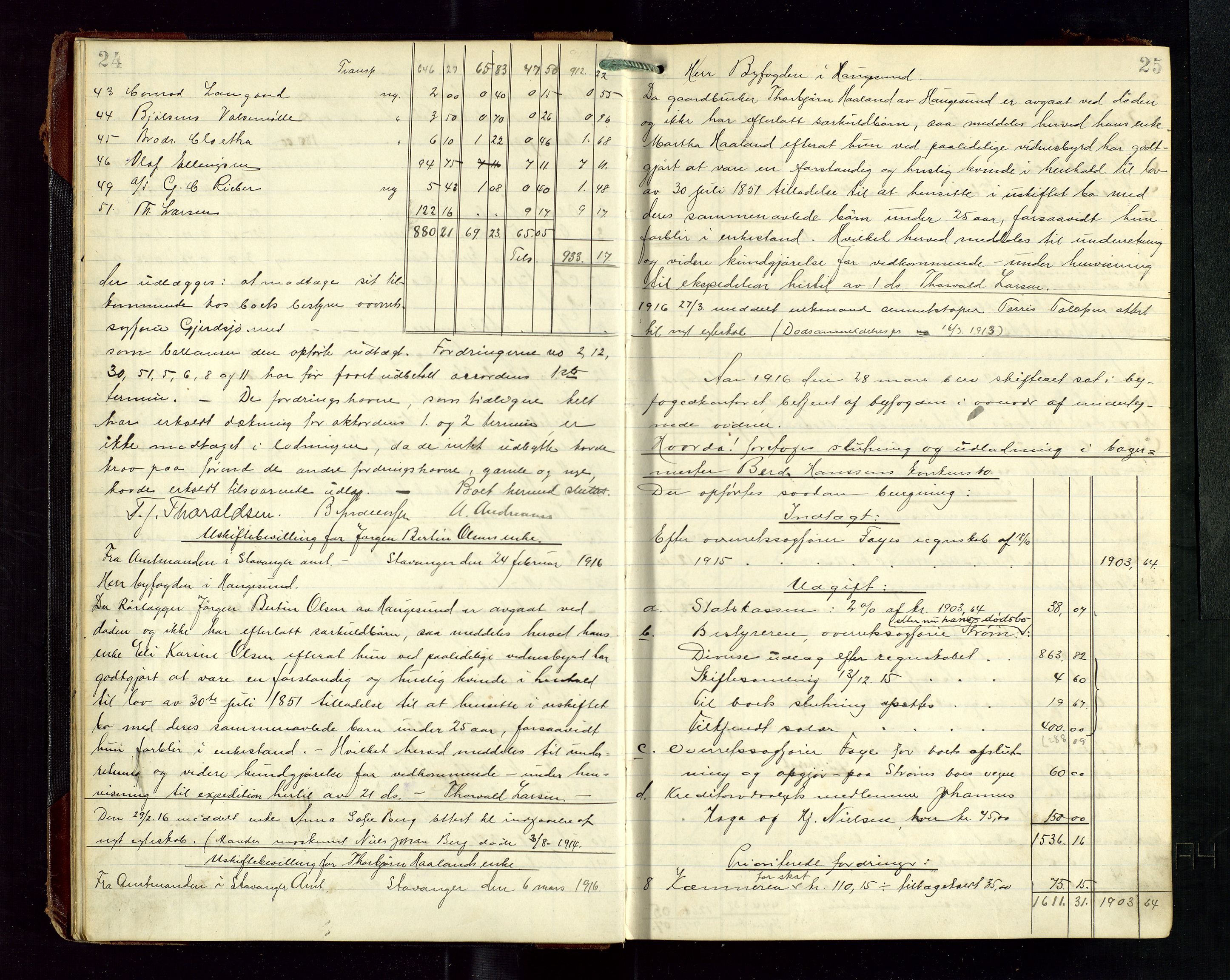 Haugesund tingrett, AV/SAST-A-101415/01/IV/IVD/L0003: Skifteutlodningsprotokoll, med register, 1915-1924, s. 24-25