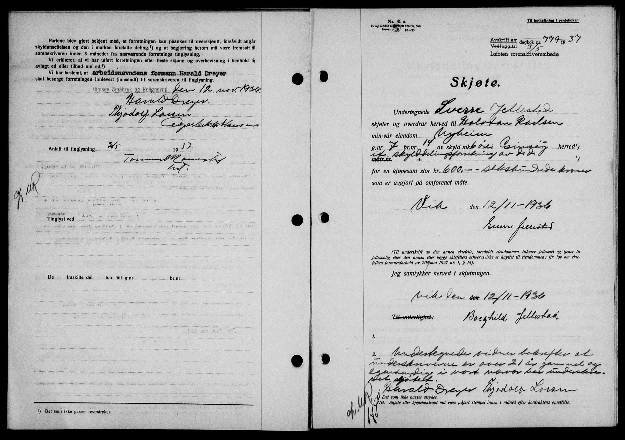Lofoten sorenskriveri, SAT/A-0017/1/2/2C/L0002a: Pantebok nr. 2a, 1937-1937, Dagboknr: 779/1937