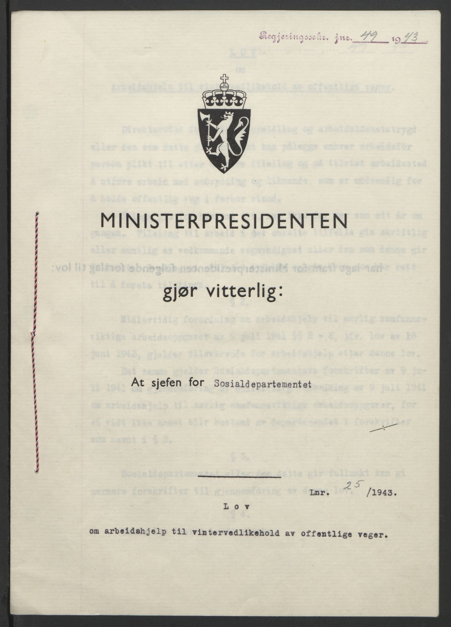NS-administrasjonen 1940-1945 (Statsrådsekretariatet, de kommisariske statsråder mm), AV/RA-S-4279/D/Db/L0099: Lover, 1943, s. 101