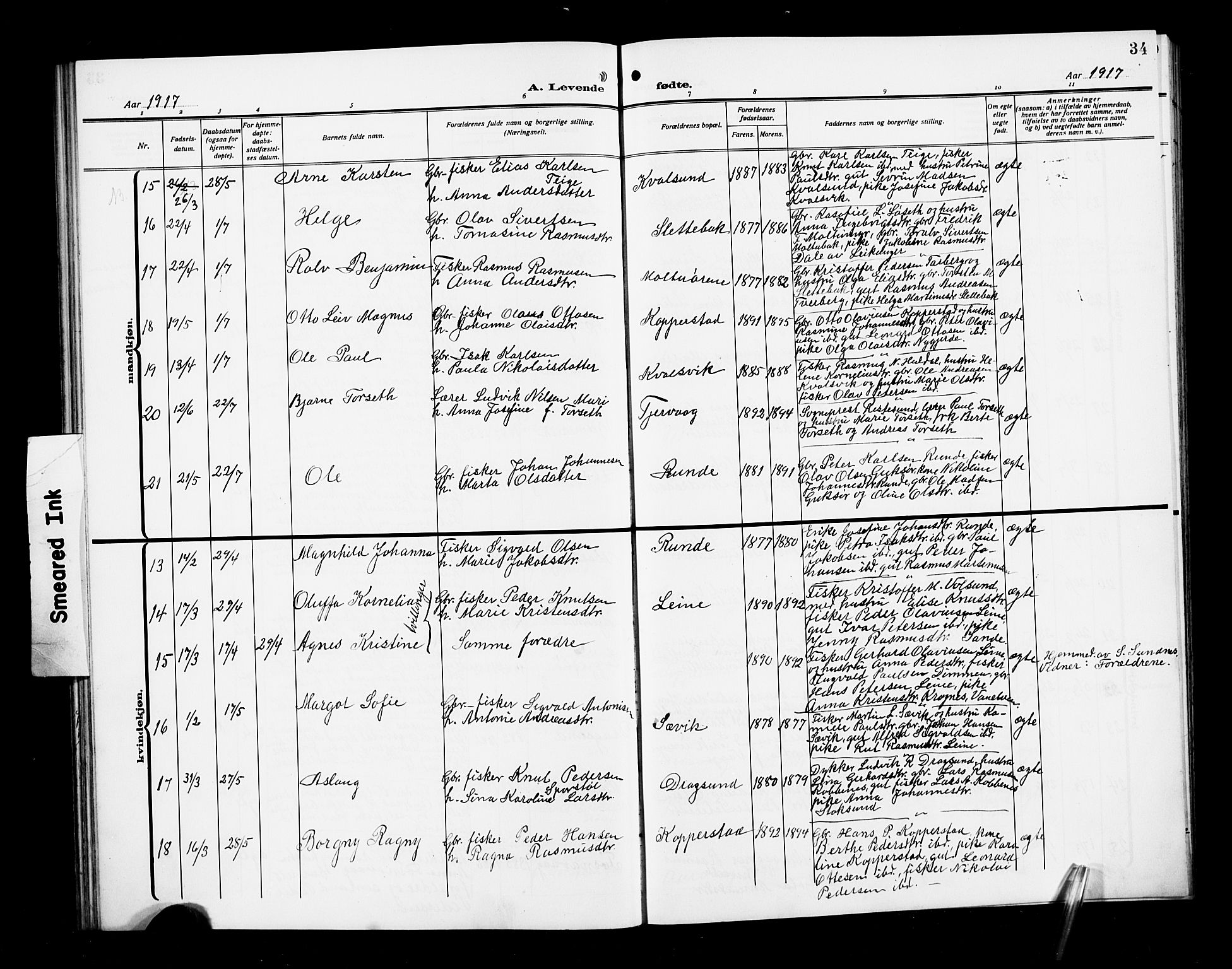 Ministerialprotokoller, klokkerbøker og fødselsregistre - Møre og Romsdal, AV/SAT-A-1454/507/L0083: Klokkerbok nr. 507C06, 1912-1919, s. 34