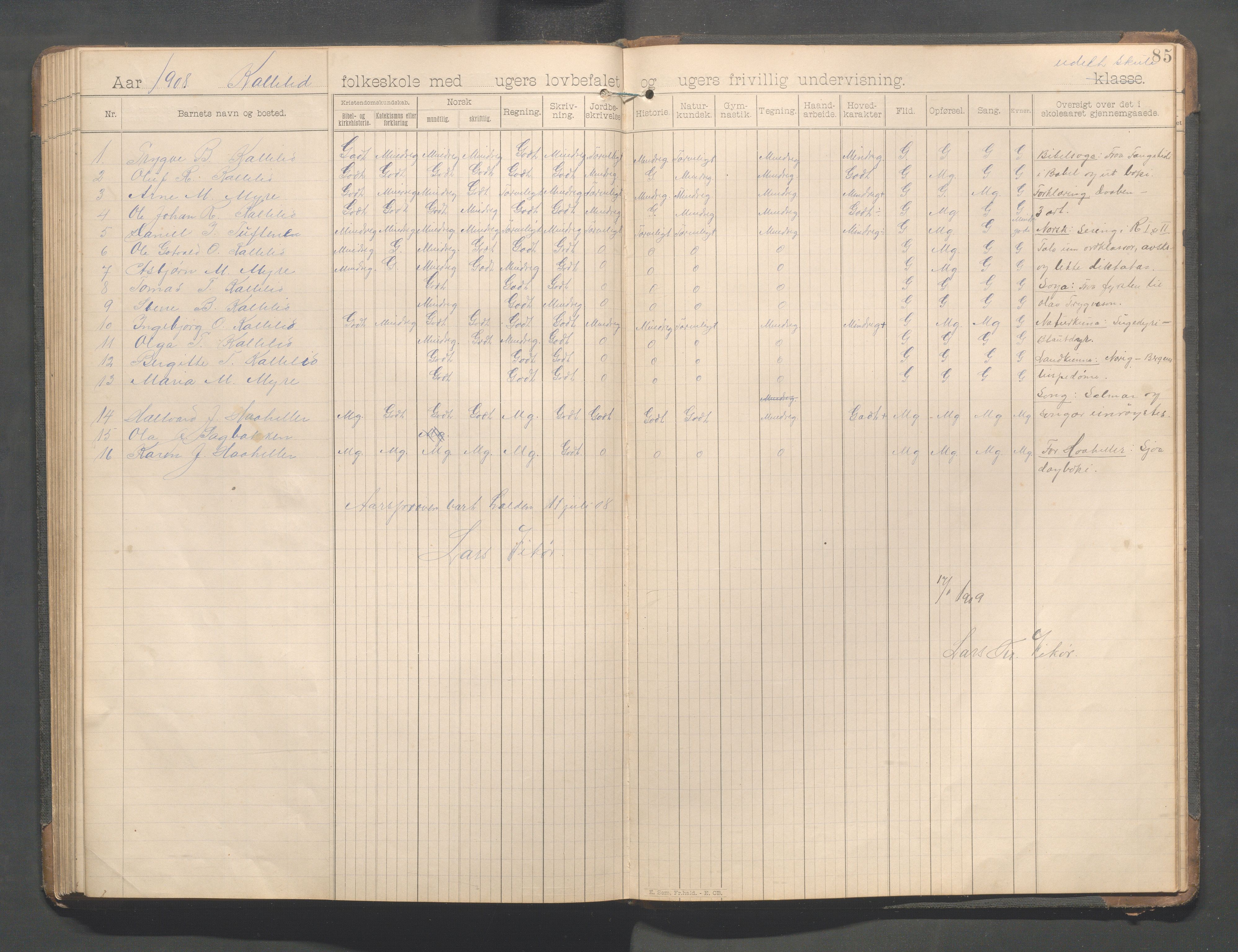 Forsand kommune - Lyse skole, IKAR/K-101613/H/L0002: Skoleprotokoll - Indre Lysefjord, Kalleli, Lyselandet, Håheller, Fossmark, 1894-1908, s. 85