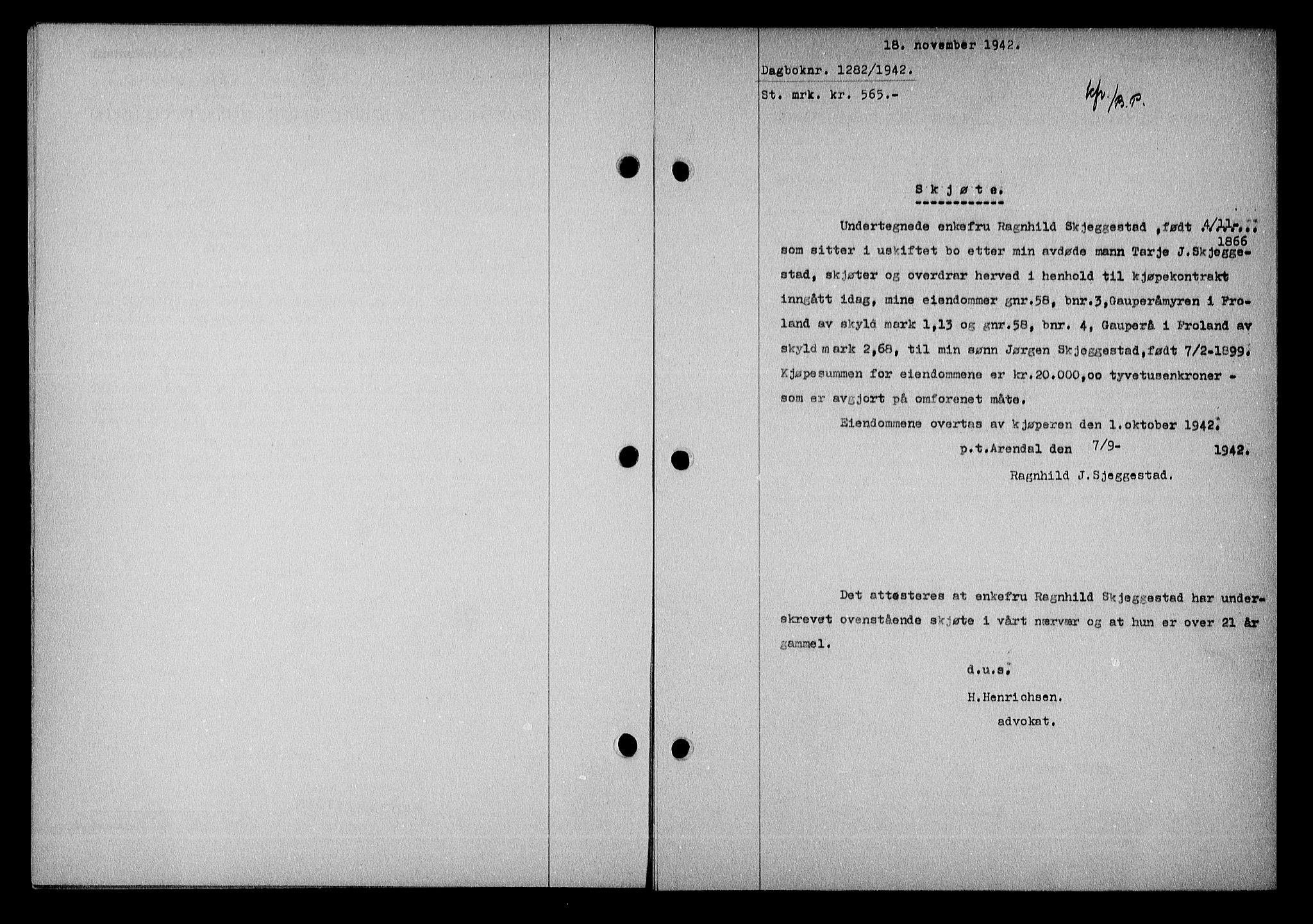 Nedenes sorenskriveri, AV/SAK-1221-0006/G/Gb/Gba/L0050: Pantebok nr. A-IV, 1942-1943, Dagboknr: 1282/1942