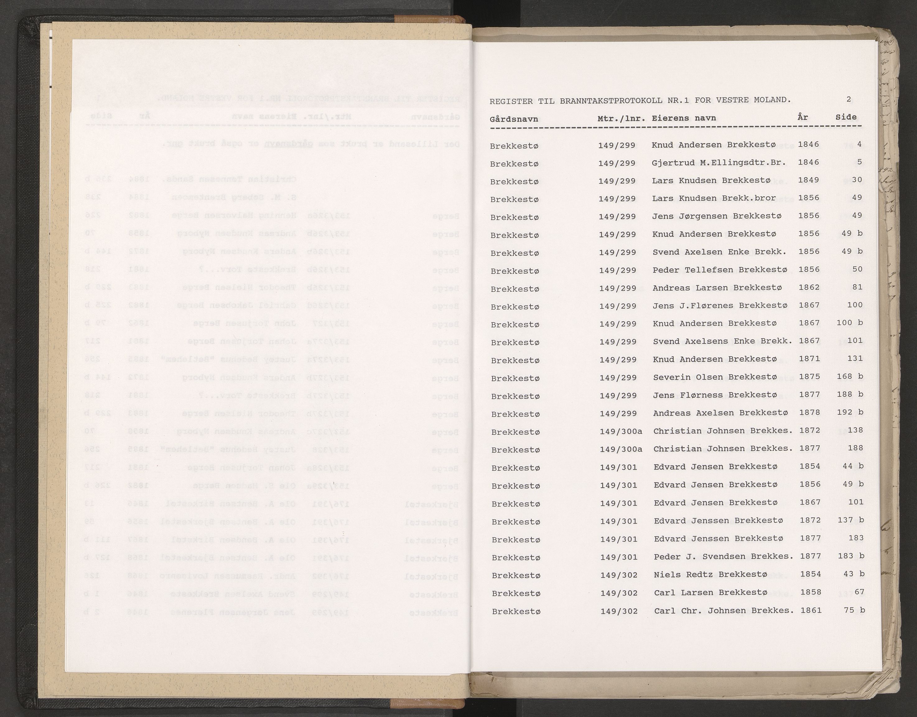 Norges Brannkasse Vestre Moland, AV/SAK-2241-0056/F/Fa/L0001: Branntakstprotokoll nr. 1 med gårdsnavnregister, 1846-1886