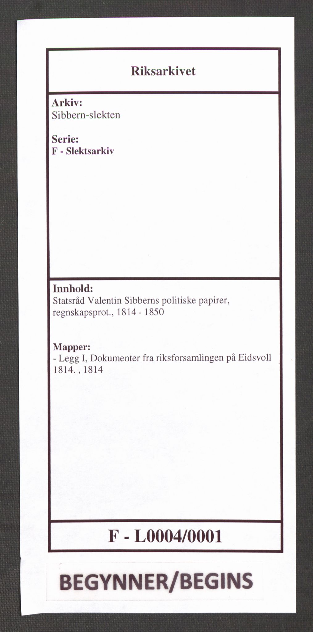 Sibbern-slekten, RA/PA-0281/F/L0004: Statsråd Valentin Sibberns politiske papirer, regnskapsprot., 1814, s. 1